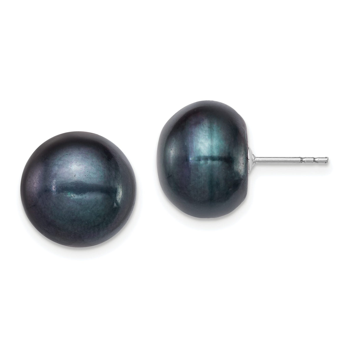 Sterling Silver Rh-plated 12-13mm Black FWC Button Pearl Earrings - Sophia Jewelers Main image