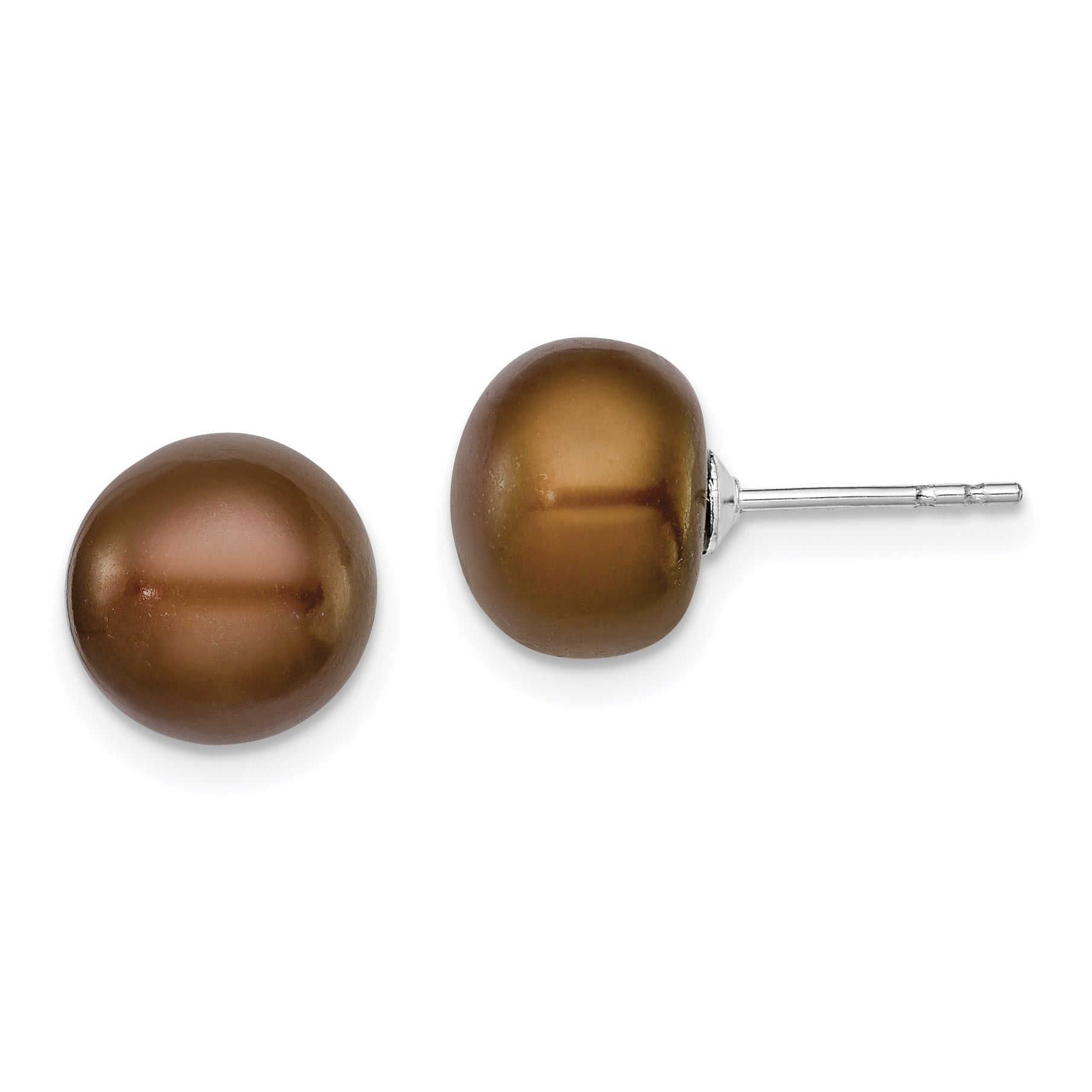 Sterling Silver Rh-plated 9-10mm Brown FWC Button Pearl Earrings Main image