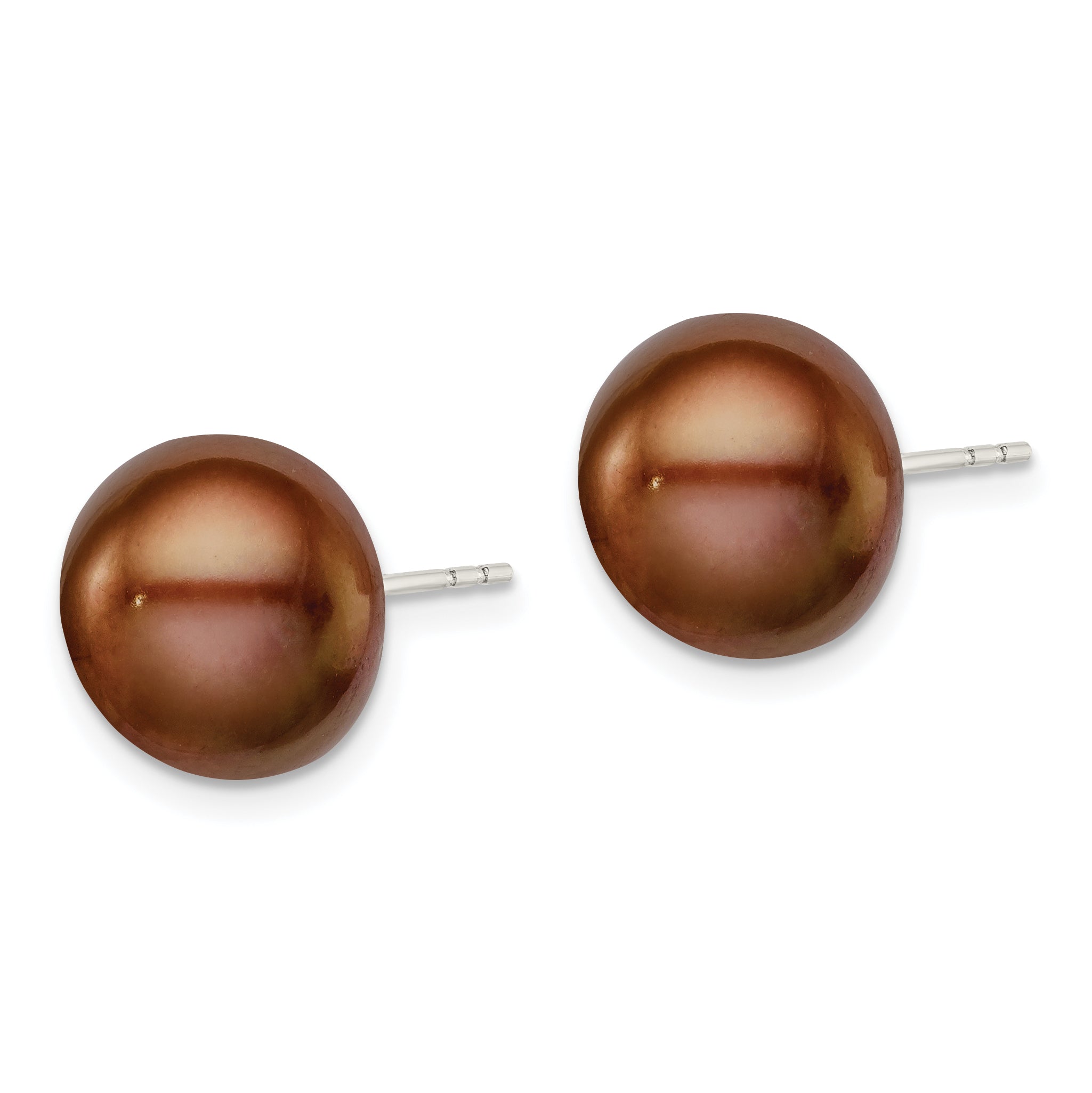 Sterling Silver Rh-plated 11-12mm Brown FWC Button Pearl Earrings Secondary image