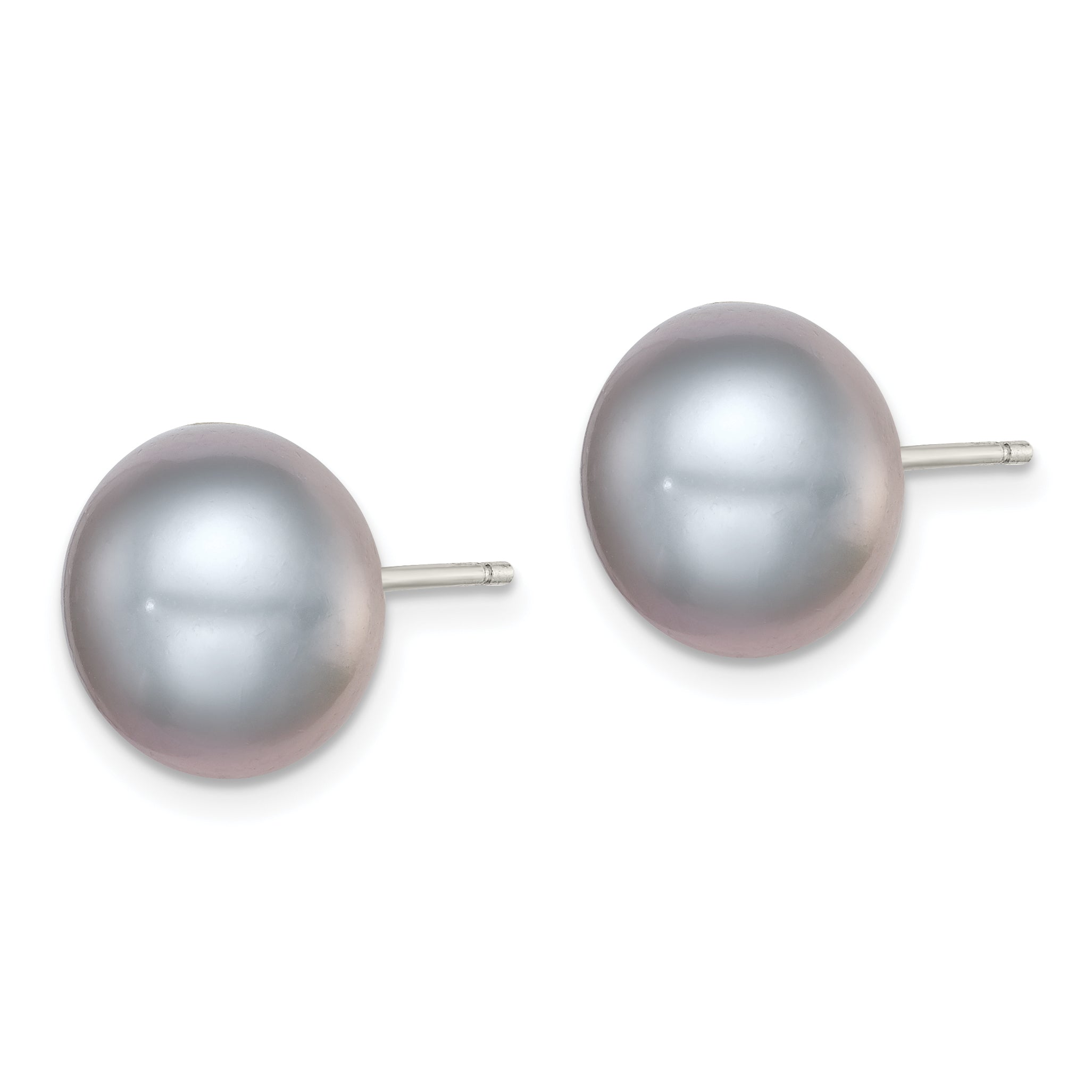Sterling Silver Rh-plated 11-12mm Grey FWC Button Pearl Earrings Secondary image