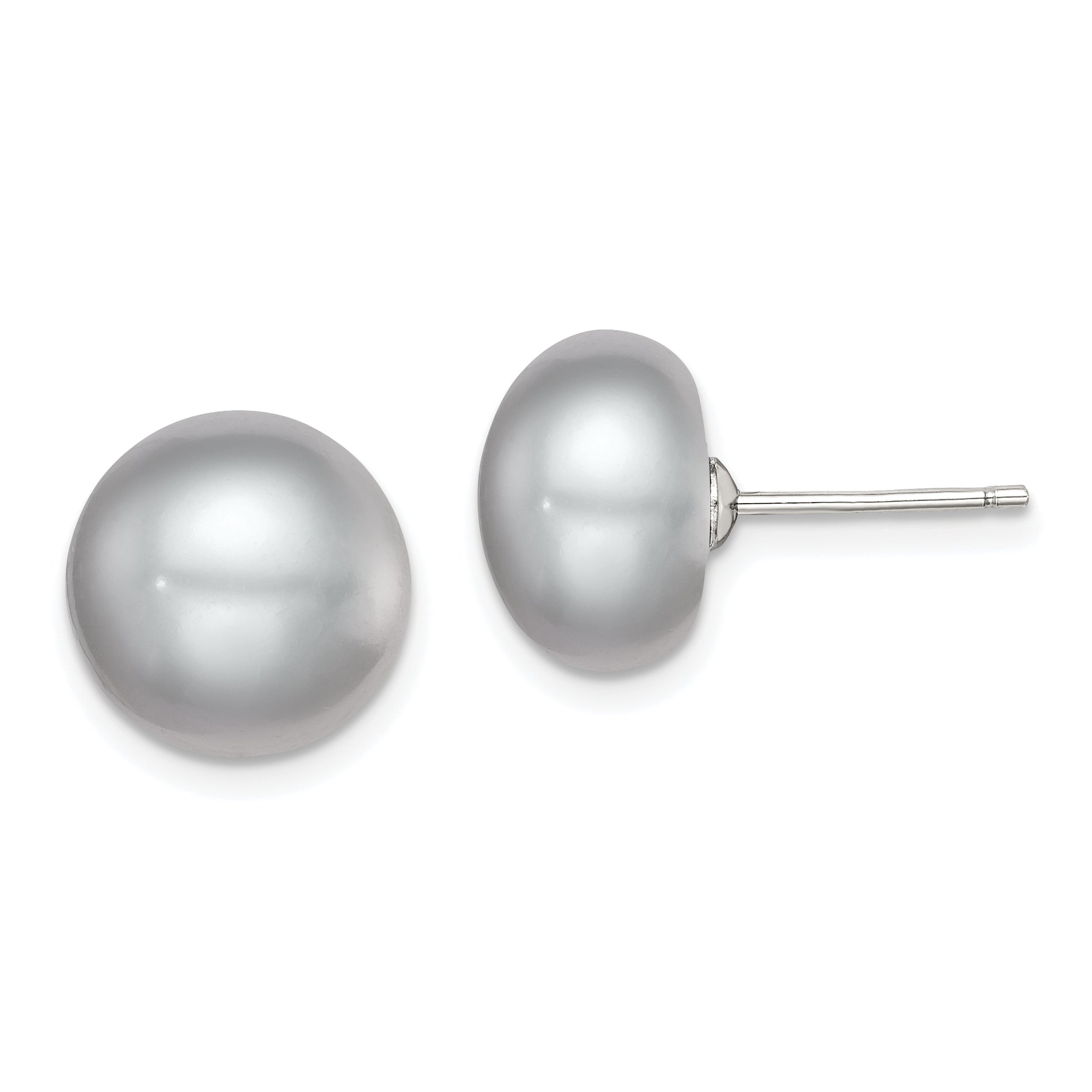 Sterling Silver Rh-plated 11-12mm Grey FWC Button Pearl Earrings Main image