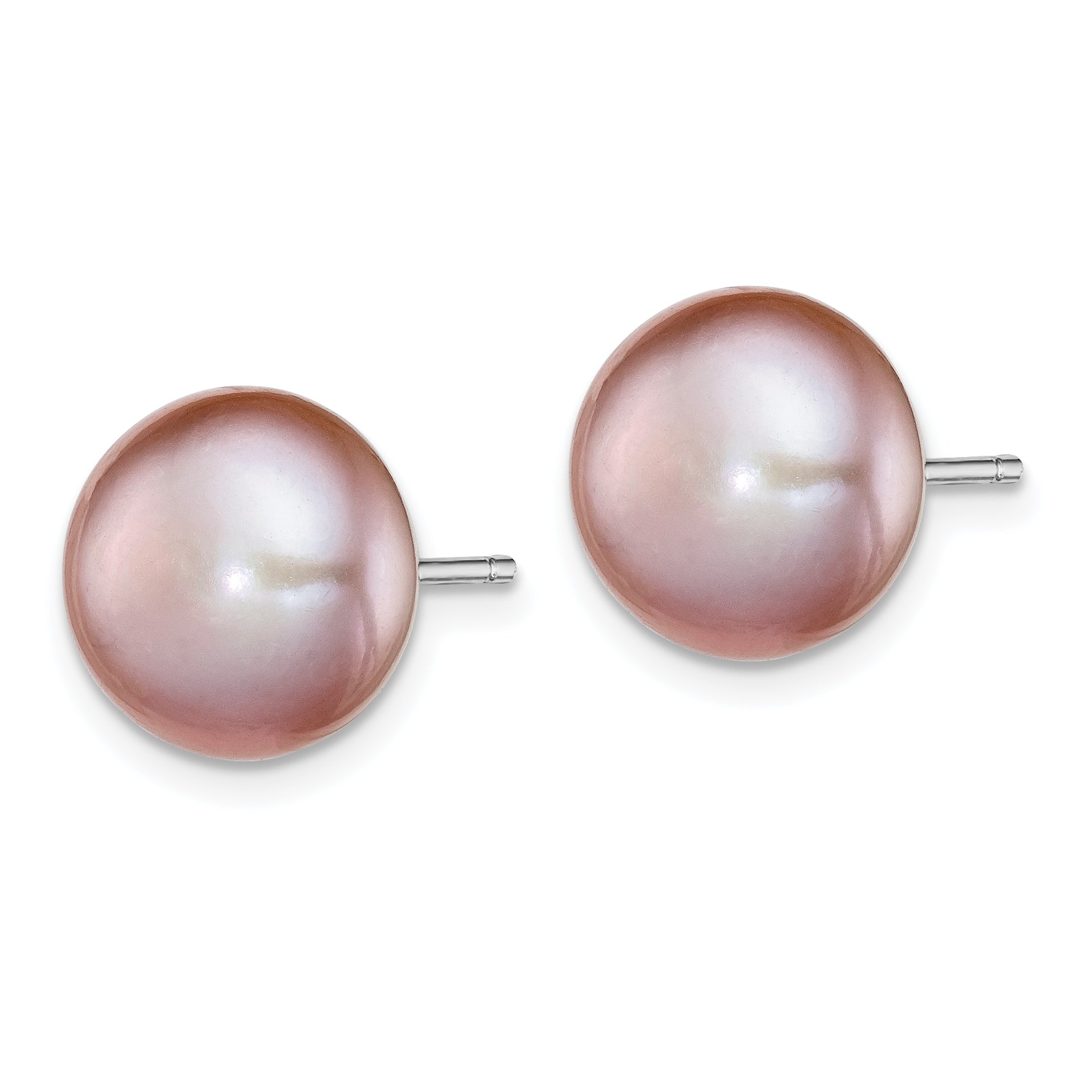Sterling Silver Rh-plated 10-11mm Purple FWC Button Pearl Earrings Secondary image