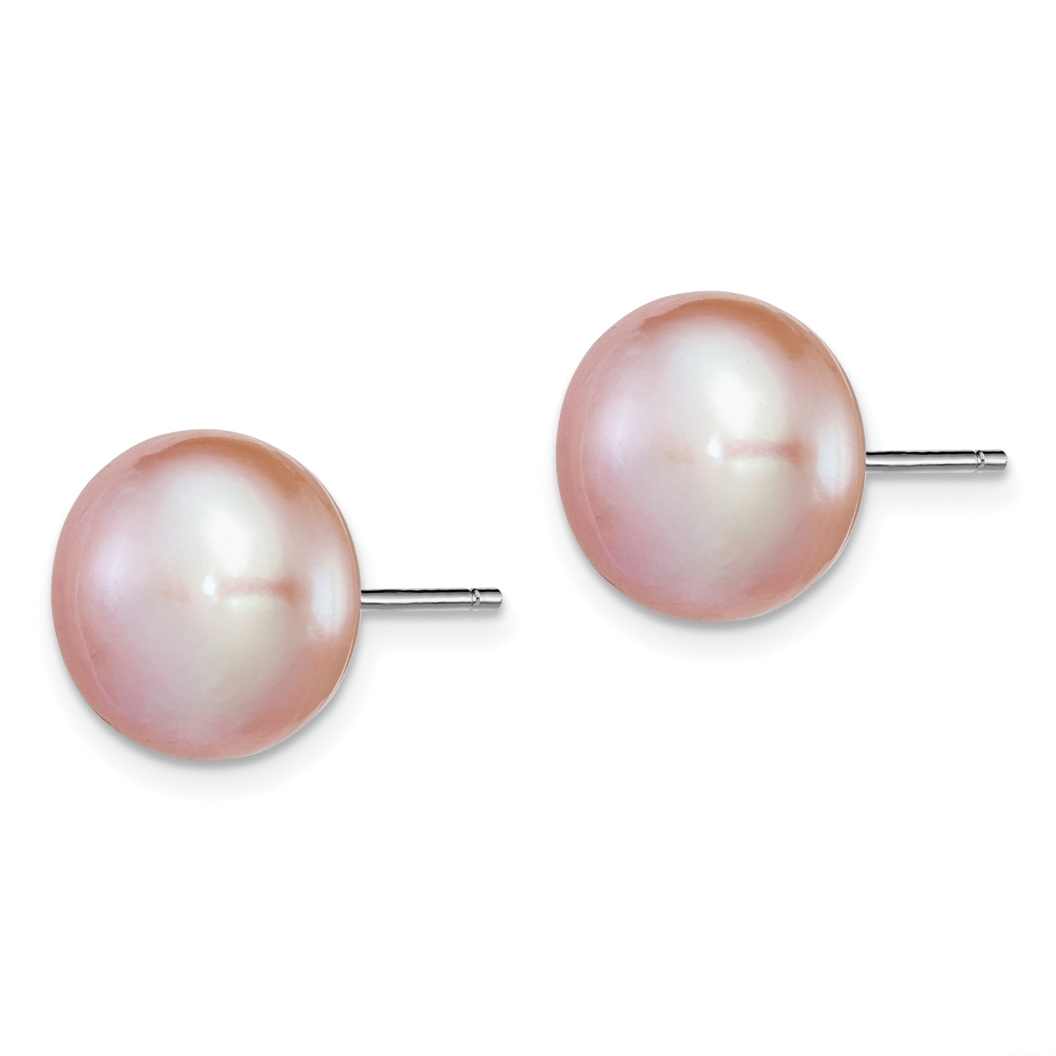 Sterling Silver Rh-plated 11-12mm Purple FWC Button Pearl Earrings Secondary image