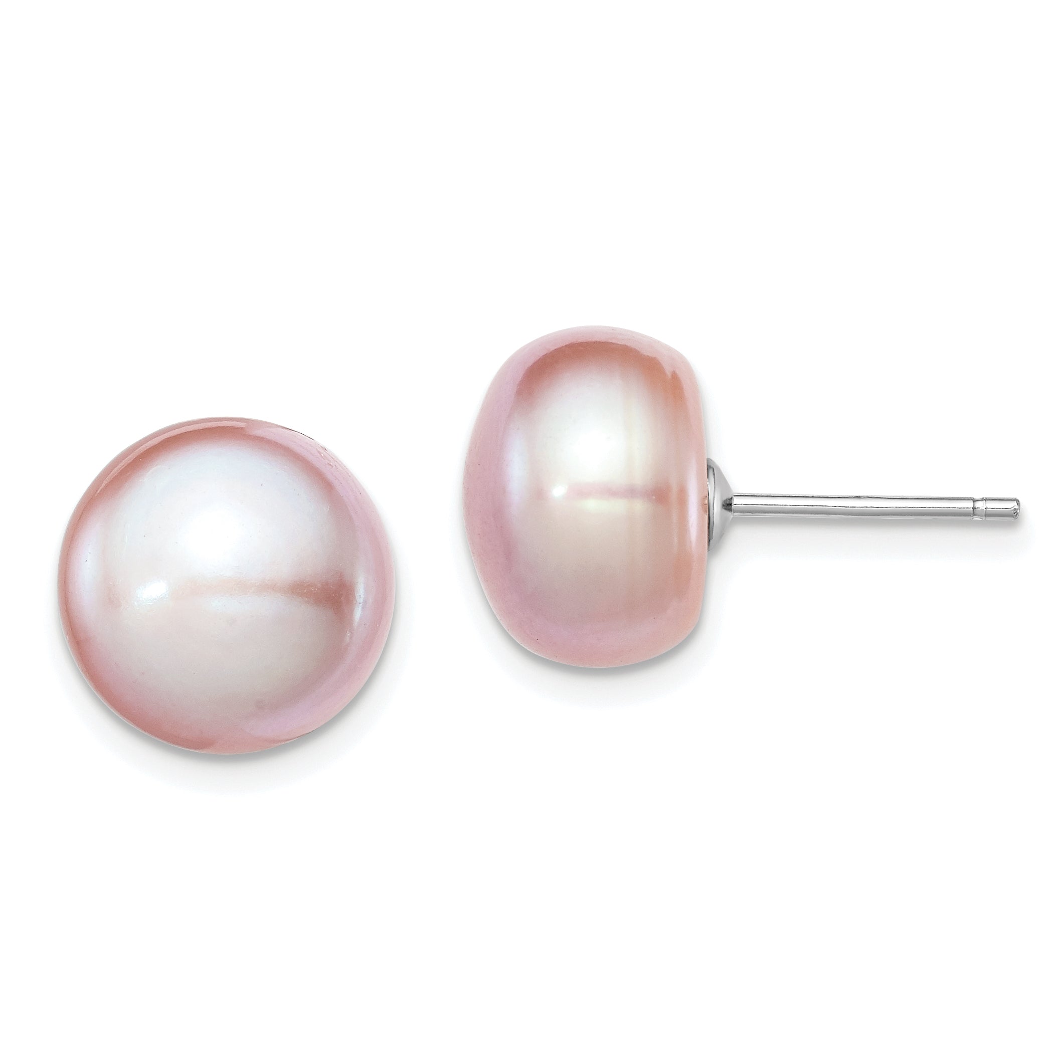 Sterling Silver Rh-plated 11-12mm Purple FWC Button Pearl Earrings Main image