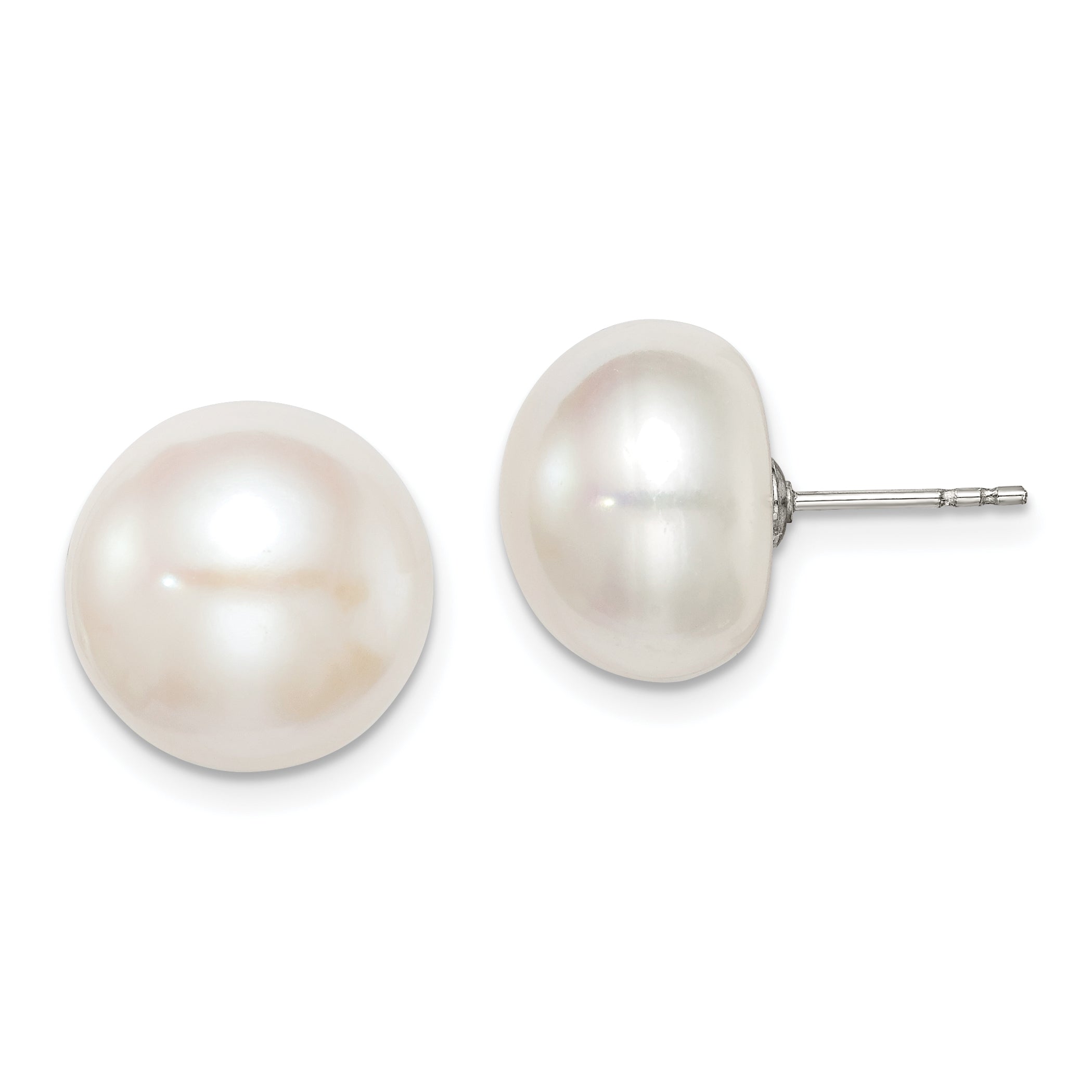 Sterling Silver Rh-plated 12-13mm White FWC Button Pearl Earrings Main image