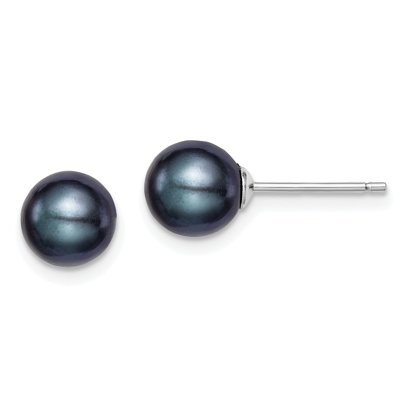 Sterling Silver Rh-plated 7-8mm Black FW Cultured Round Pearl Stud Earrings Main image