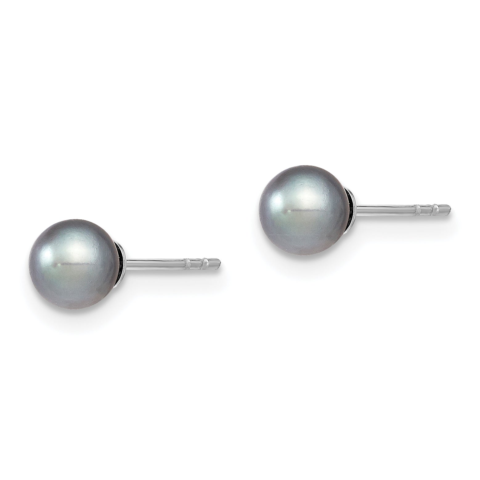 Sterling Silver Rhodium Plated 5-6mm Grey Round Freshwater Cultured Pearl Post Stud Earrings Secondary image