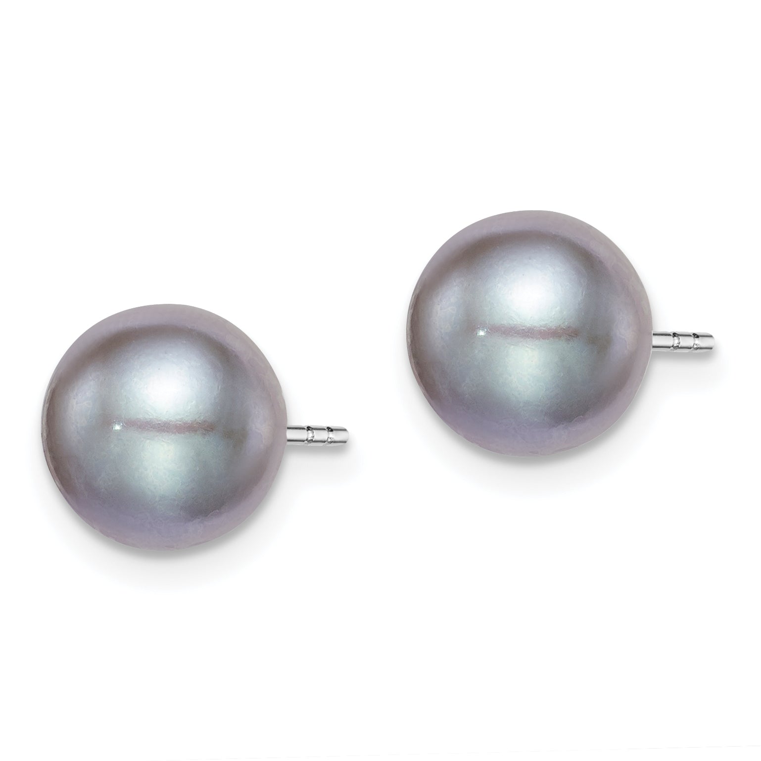 Sterling Silver Rhodium Plated 8-9mm Grey Round Freshwater Cultured Pearl Post Stud Earrings Secondary image