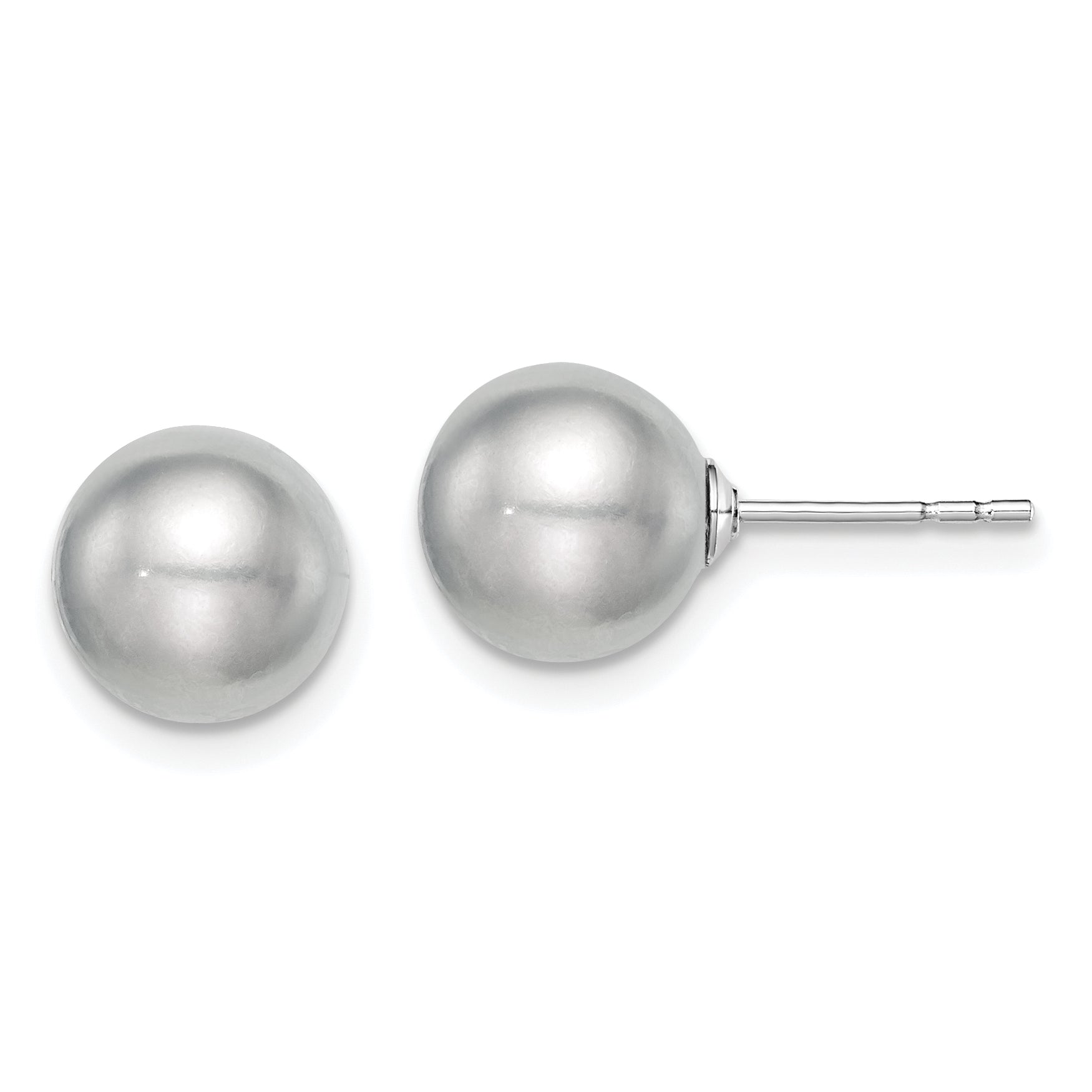 Sterling Silver Rhodium Plated 8-9mm Grey Round Freshwater Cultured Pearl Post Stud Earrings Main image