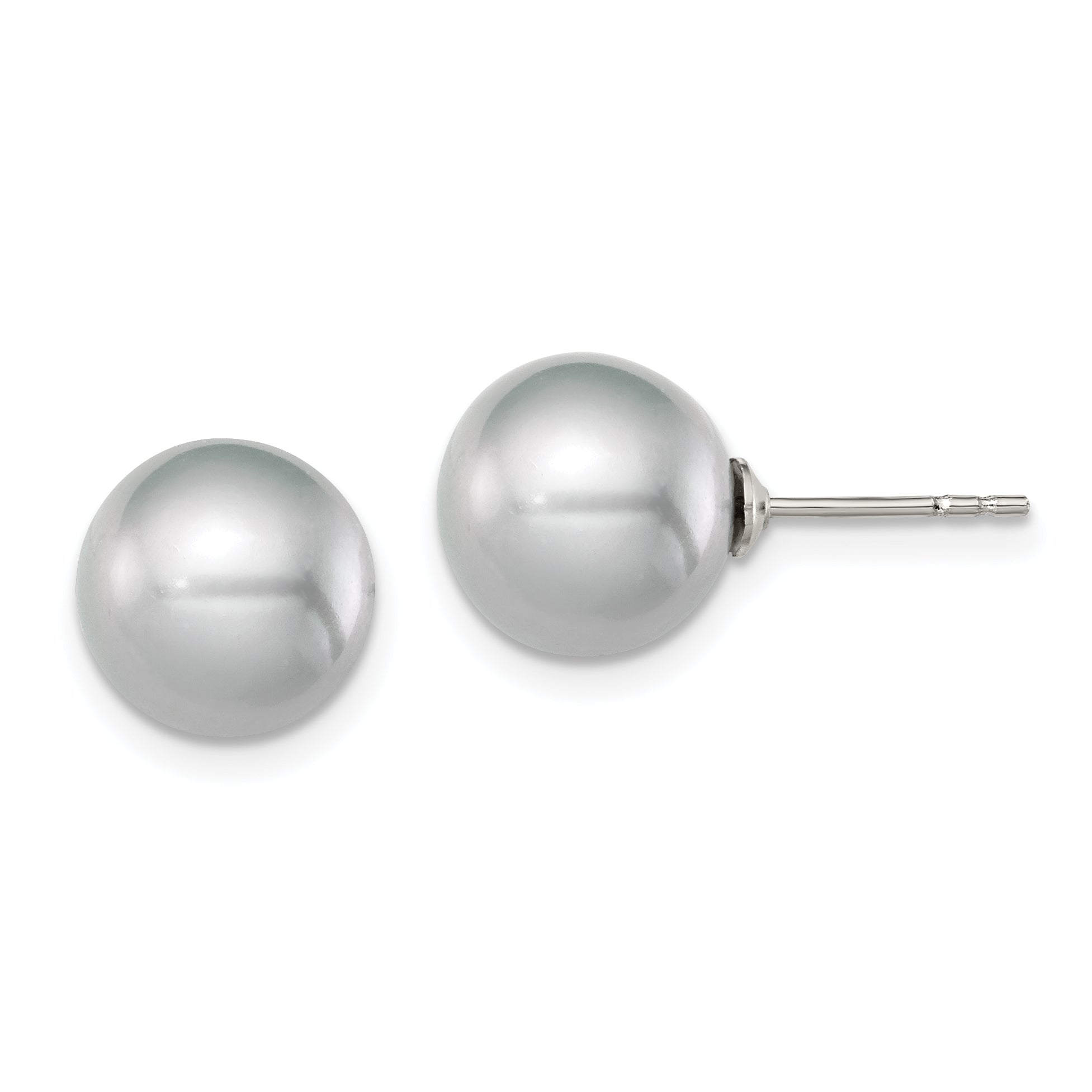 Sterling Silver Rhodium Plated 9-10mm Grey Round Freshwater Cultured Pearl Post Stud Earrings Main image