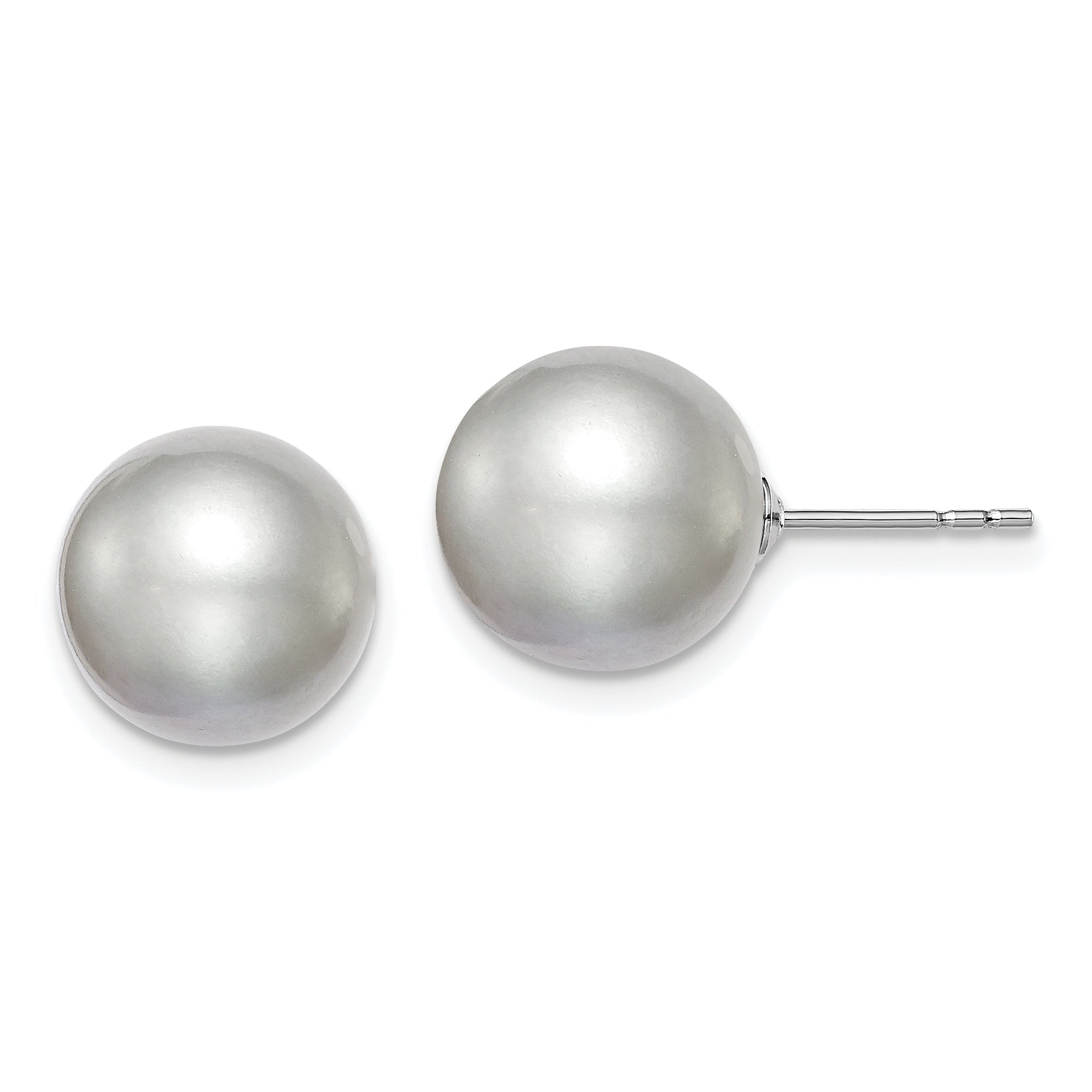 Sterling Silver Rhodium Plated 10-11mm Grey Round Freshwater Cultured Pearl Post Stud Earrings Main image