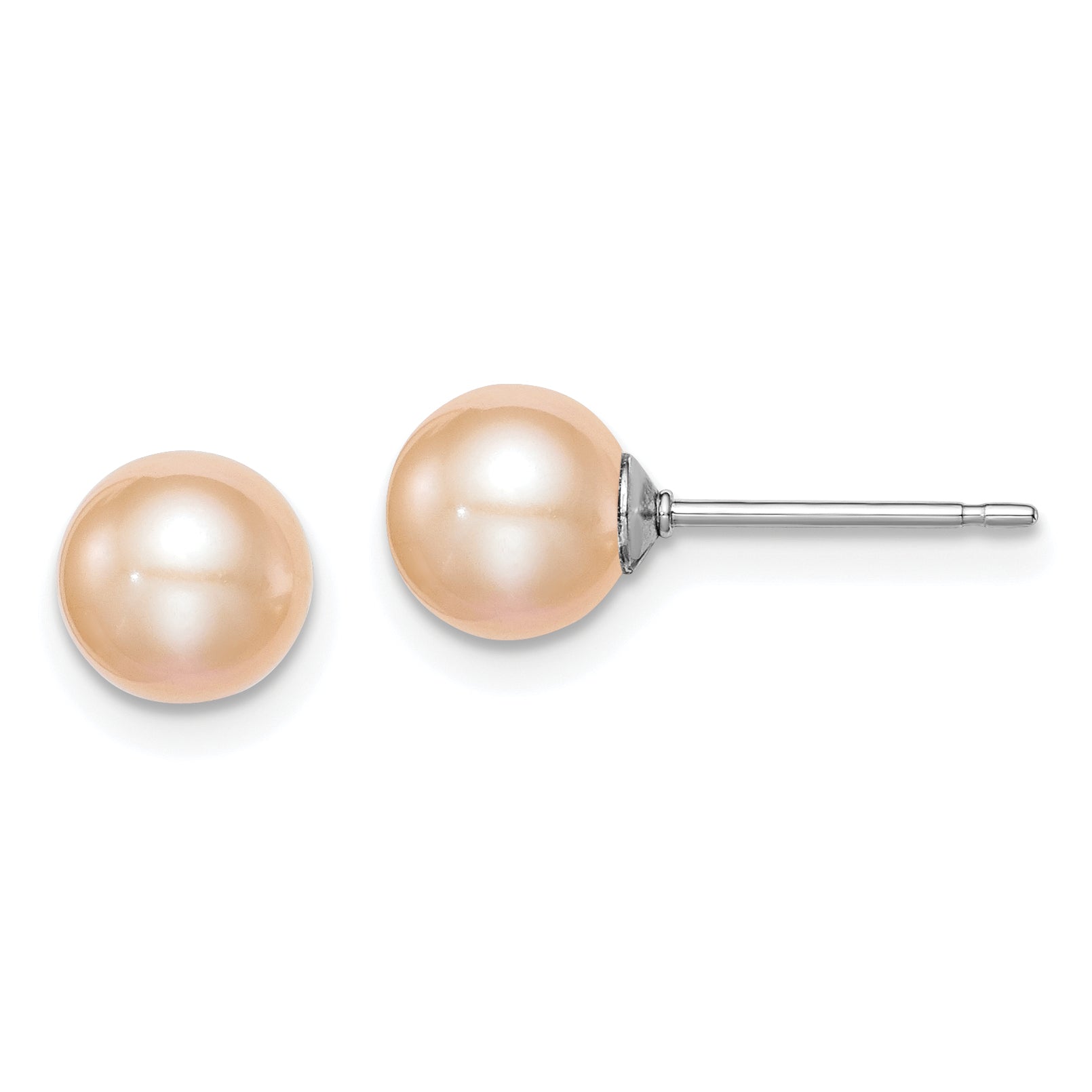 Sterling Silver Rhodium Plated 6-7mm Pink Ropund Freshwater Cultured Pearl Post Stud Earrings Main image