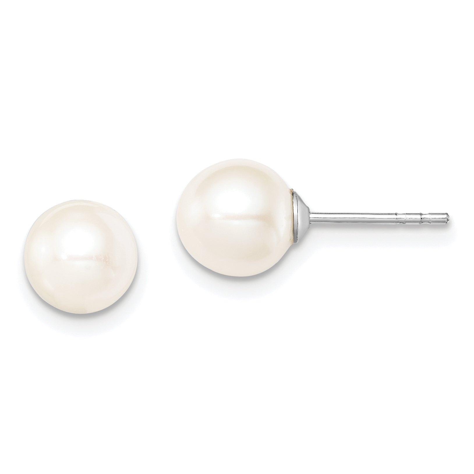 Sterling Silver Rhodium Plated 7-8mm White Round Freshwater Cultured Pearl Post Stud Earrings Main image