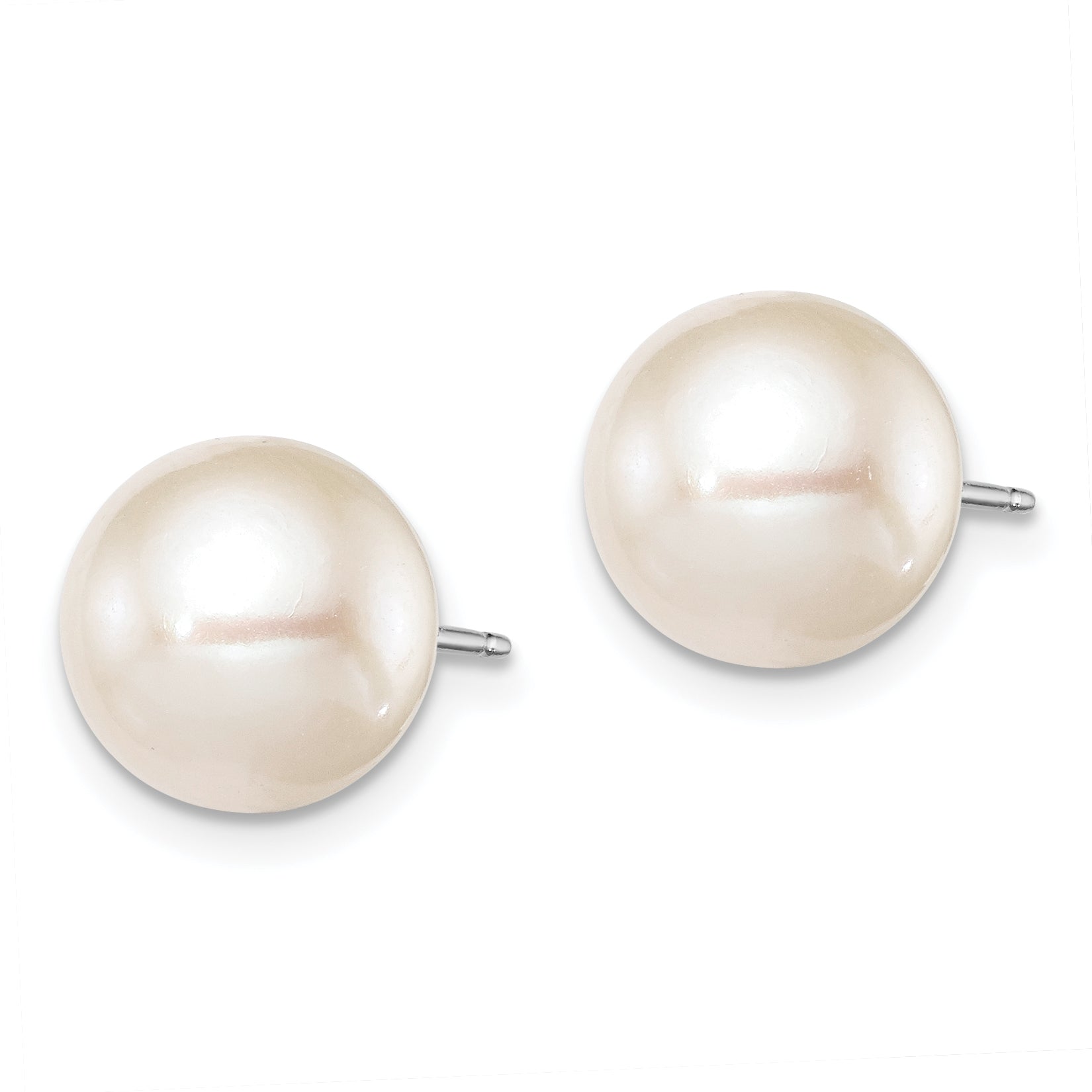 Sterling Silver Rhodium Plated 9-10mm White Round Freshwater Cultured Pearl Post Stud Earrings Secondary image