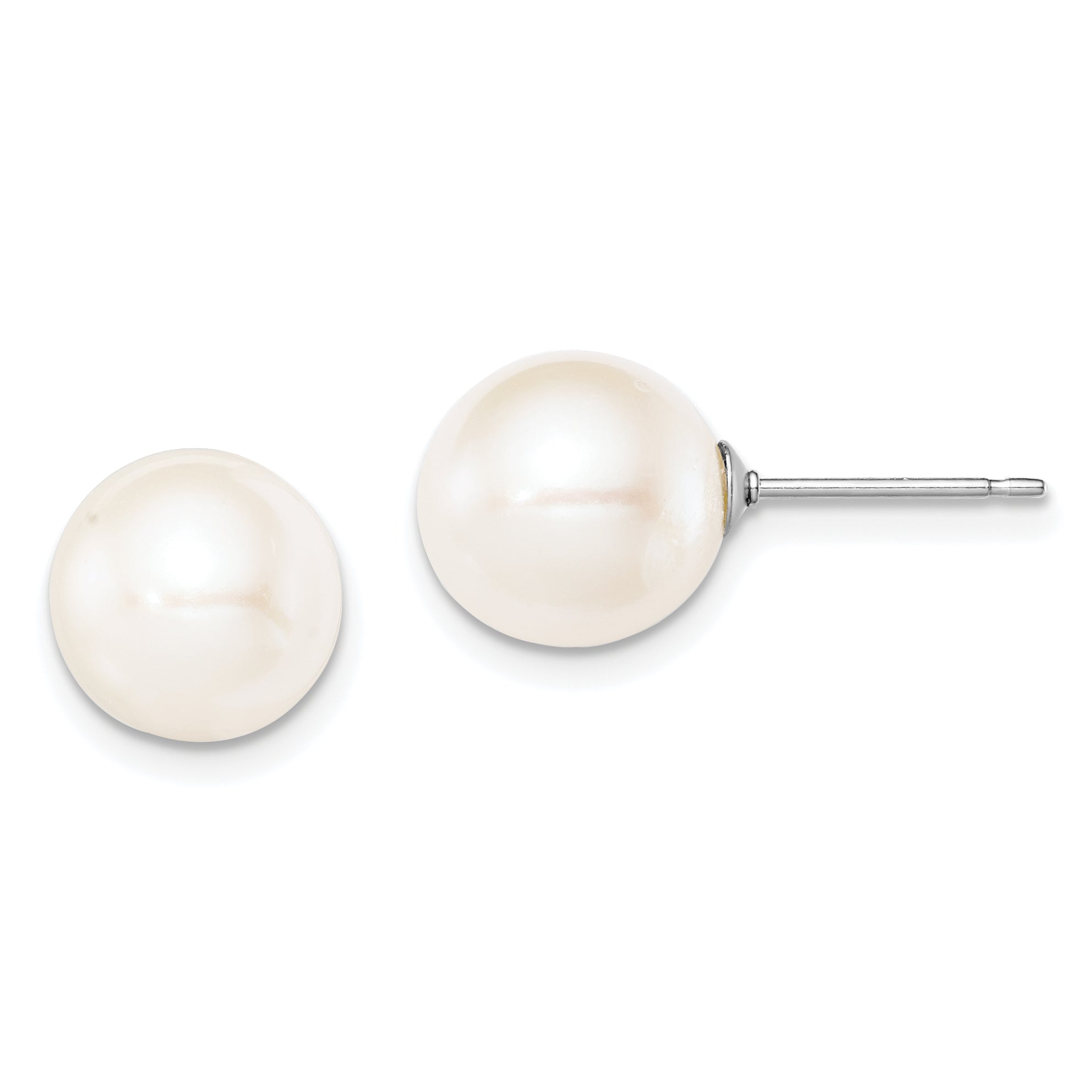 Sterling Silver Rhodium Plated 9-10mm White Round Freshwater Cultured Pearl Post Stud Earrings Main image