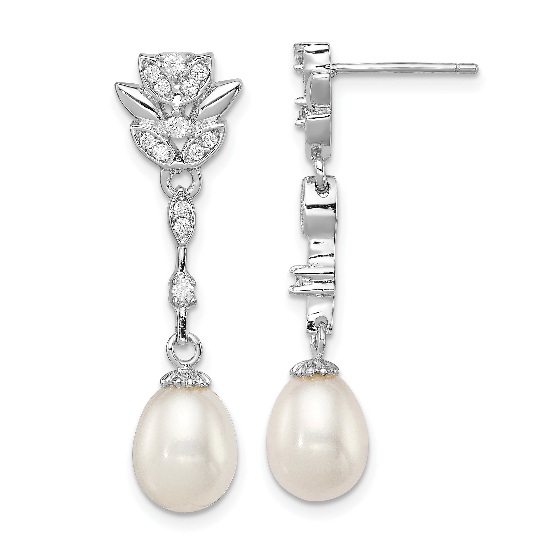 Sterling Silver Rhodium Plated Clear CZ and 8-9mm White Freshwater Cultured Pearl Dangle Post Earrings Main image