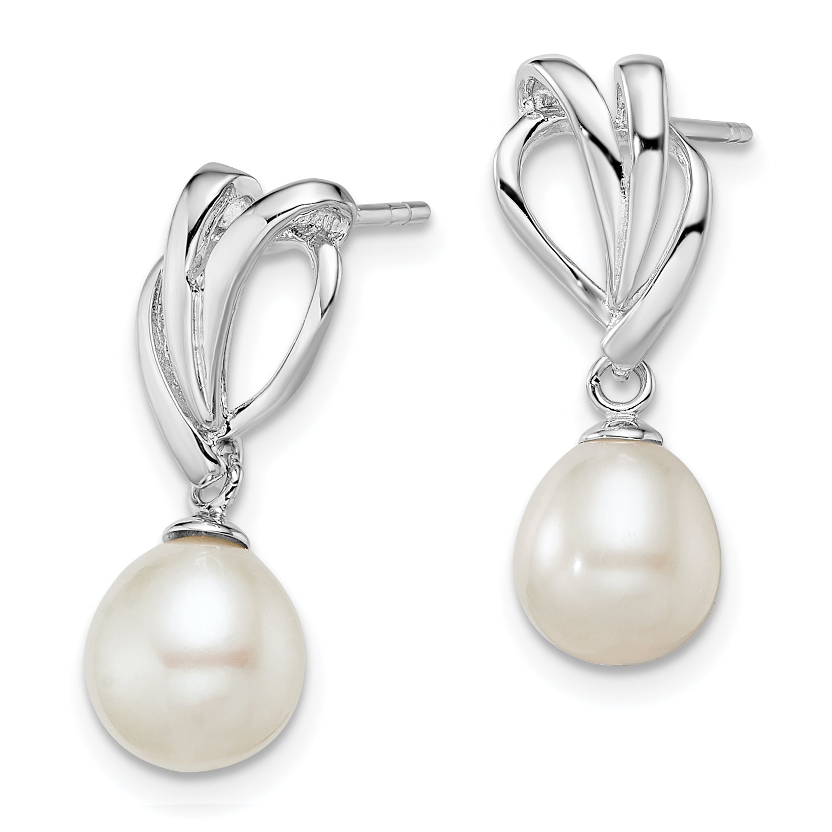 Sterling Silver Rhodium Plated Clear CZ and 7-8mm White Freshwater Cultured Pearl Dangle Post Earrings Secondary image