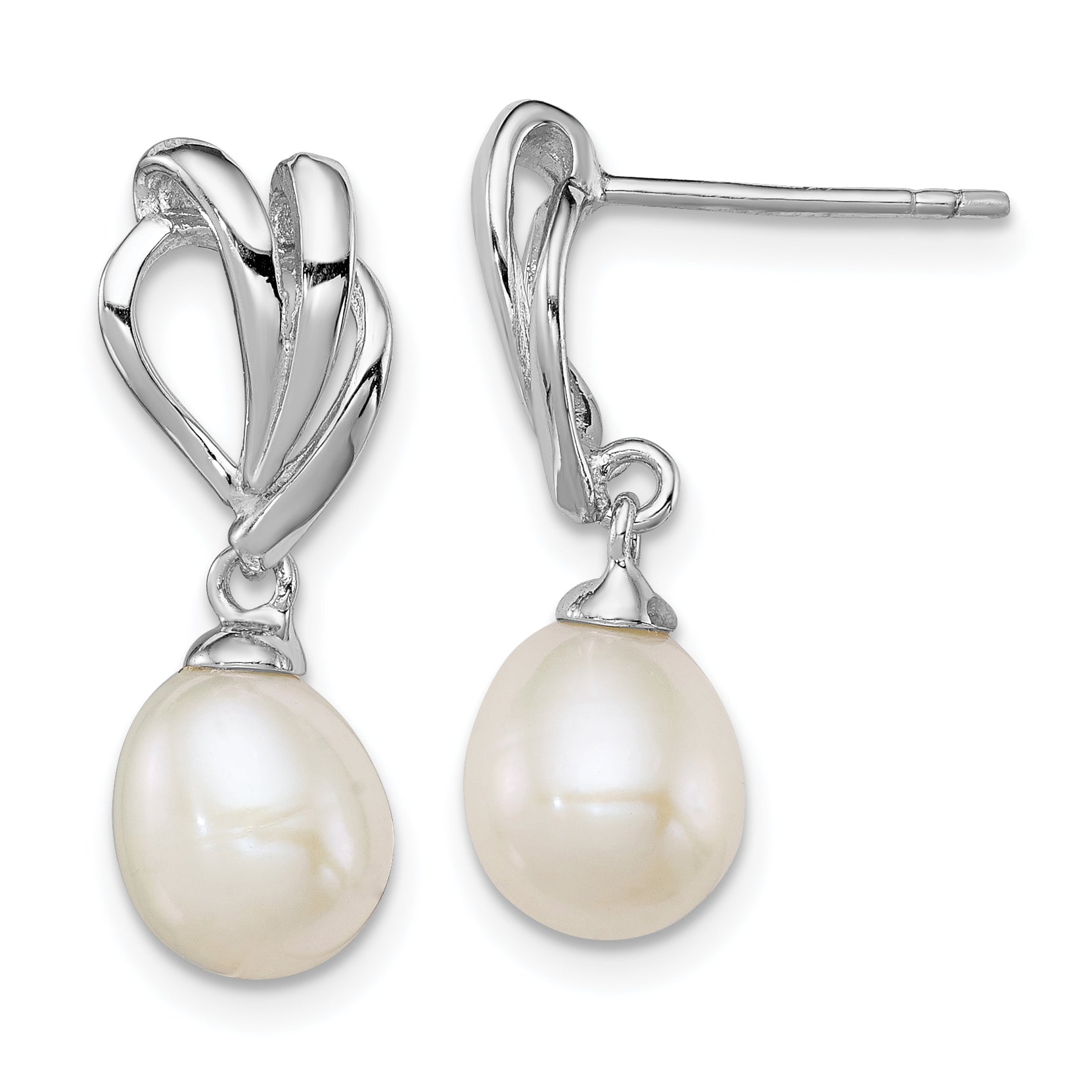 Sterling Silver Rhodium Plated Clear CZ and 7-8mm White Freshwater Cultured Pearl Dangle Post Earrings Main image
