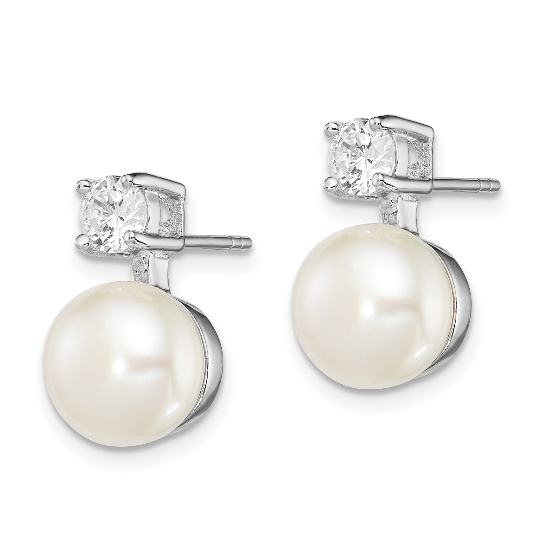 Sterling Silver Rhodium Plated 7-8mm White Freshwater Cultured Pearl and Clear CZ Post Earrings Secondary image