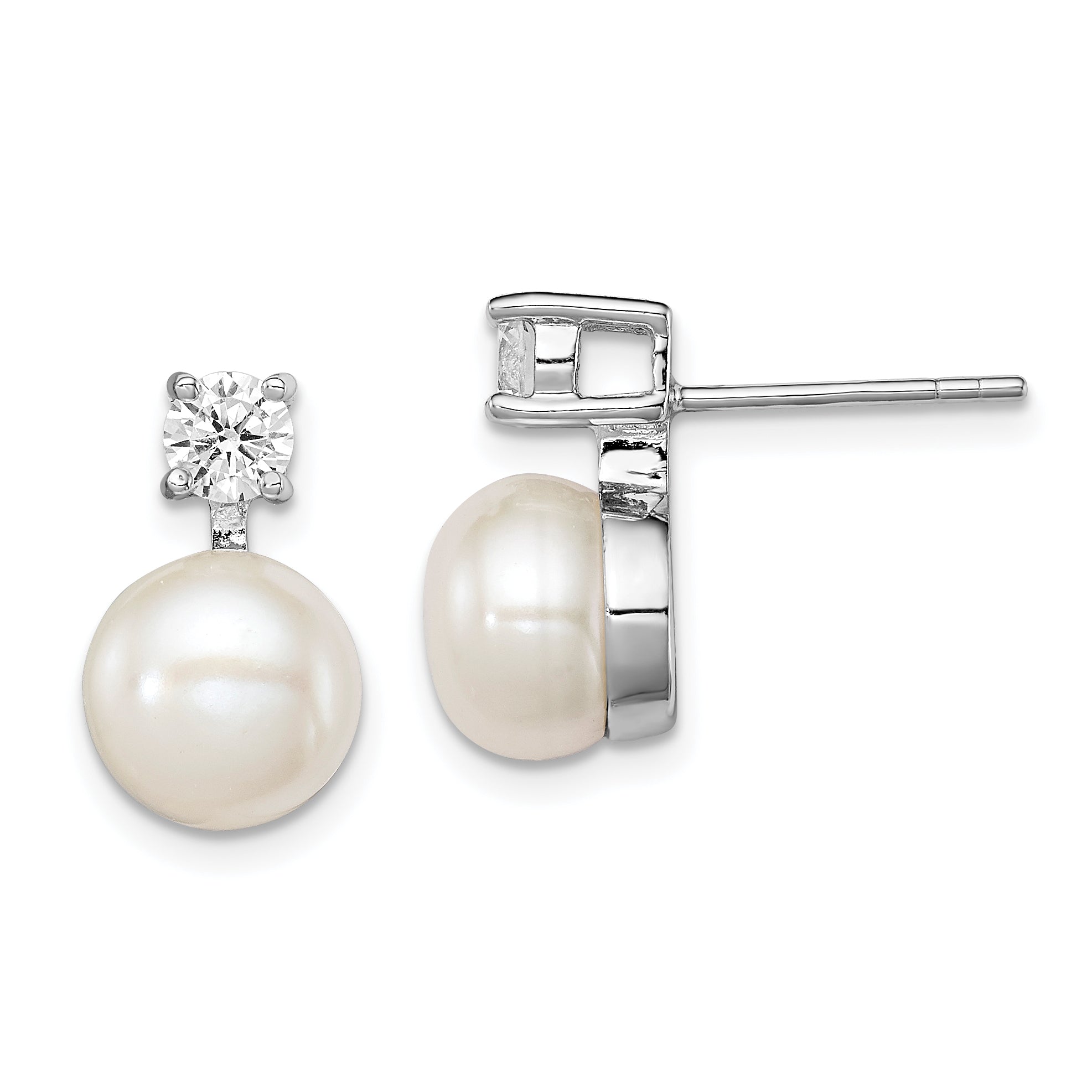 Sterling Silver Rhodium Plated 7-8mm White Freshwater Cultured Pearl and Clear CZ Post Earrings Main image