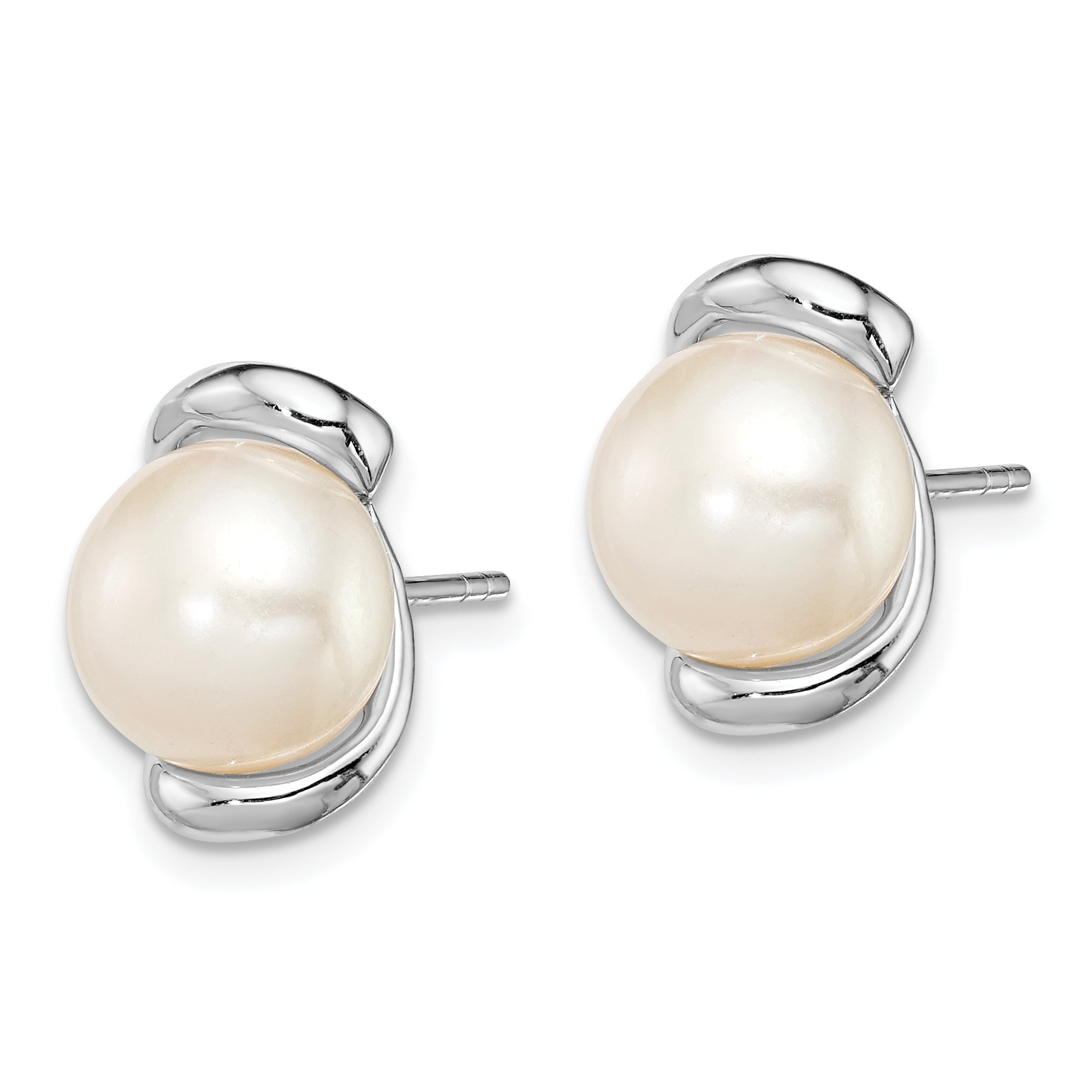 Sterling Silver Rhodium Plated 8-9mm White Freshwater Cultured Pearl Post Stud Earrings Secondary image