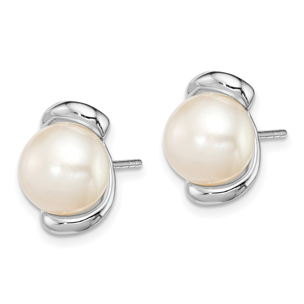 Sterling Silver Rhodium Plated 8-9mm White Freshwater Cultured Pearl Post Stud Earrings