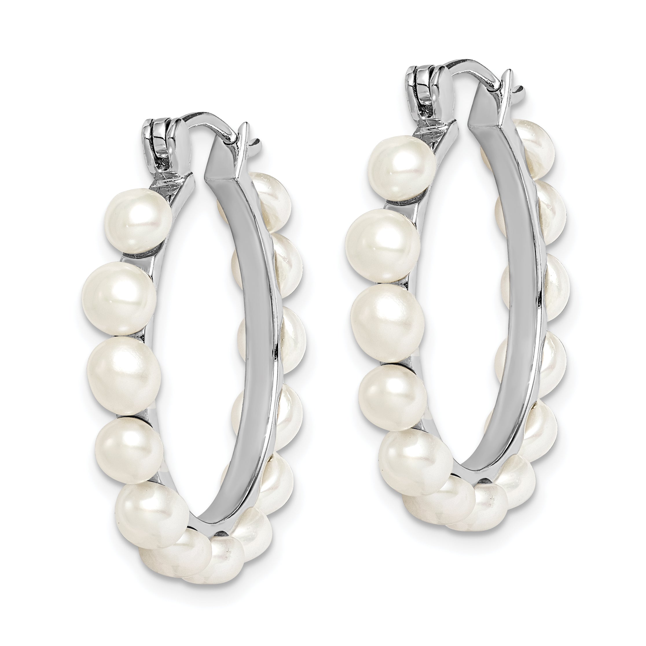 Sterling Silver Rhodium Plated 4-5mm White Freshwater Cultured Pearl Hoop Earrings Secondary image