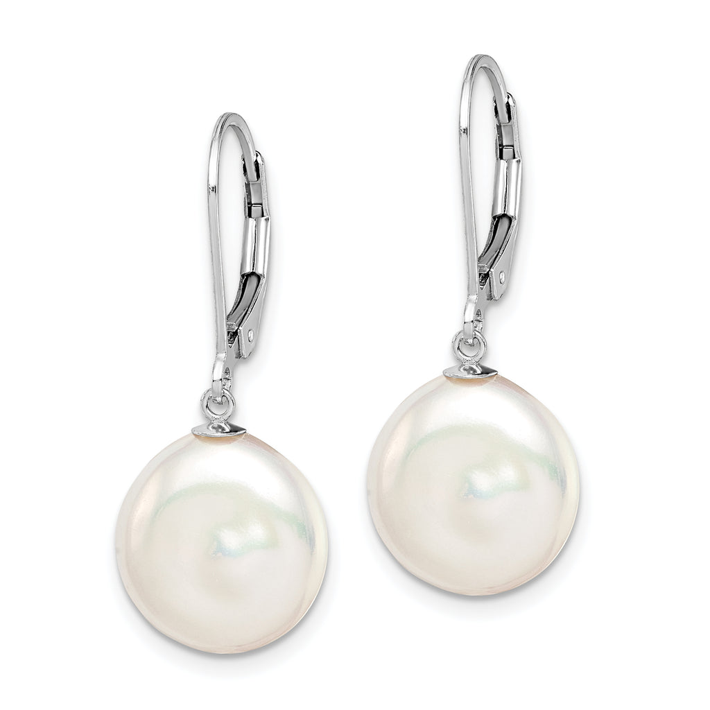 Sterling Silver Rhodium-plated Polished White 12-13mm Coin Freshwater Cultured Pearl Leverback Dangle Earrings