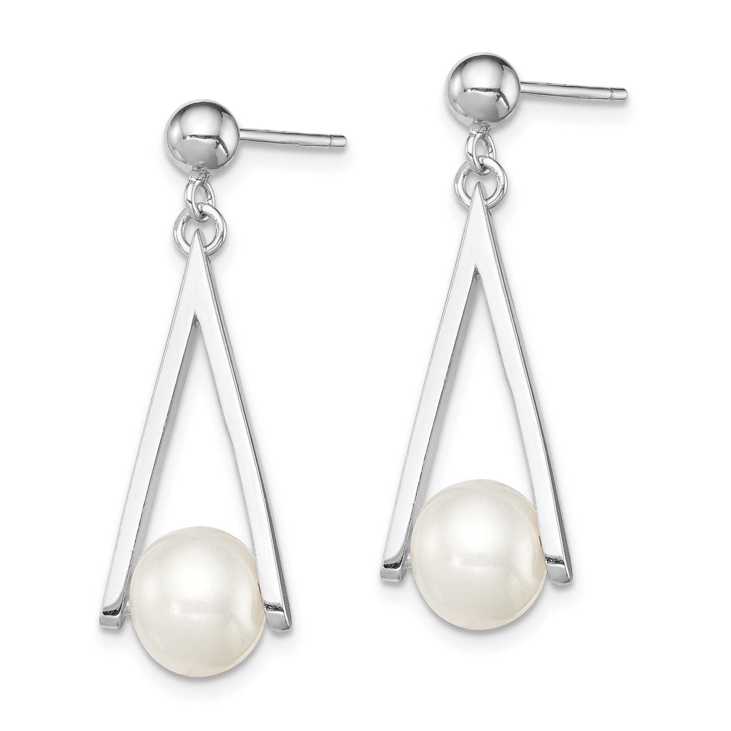 Sterling Silver Rhodium Plated 8-9mm White Freshwater Cultured Pearl Dangle Geometric Post Earrings