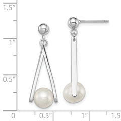 Sterling Silver Rhodium Plated 8-9mm White Freshwater Cultured Pearl Dangle Geometric Post Earrings