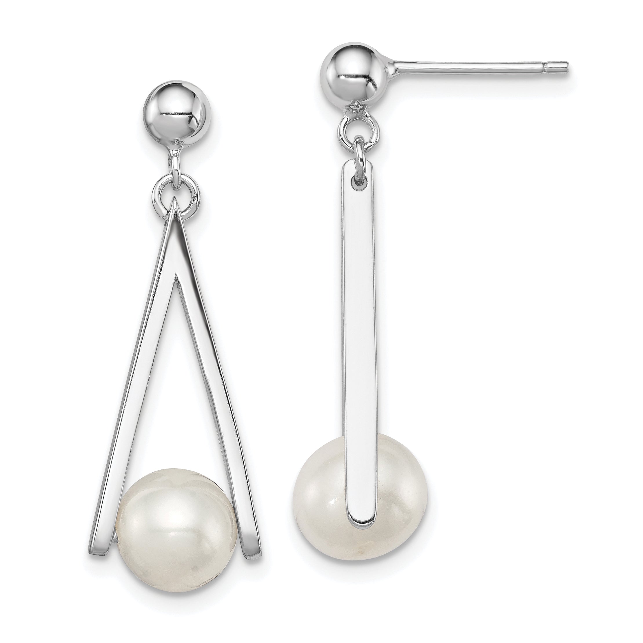 Sterling Silver Rhodium Plated 8-9mm White Freshwater Cultured Pearl Dangle Geometric Post Earrings Main image