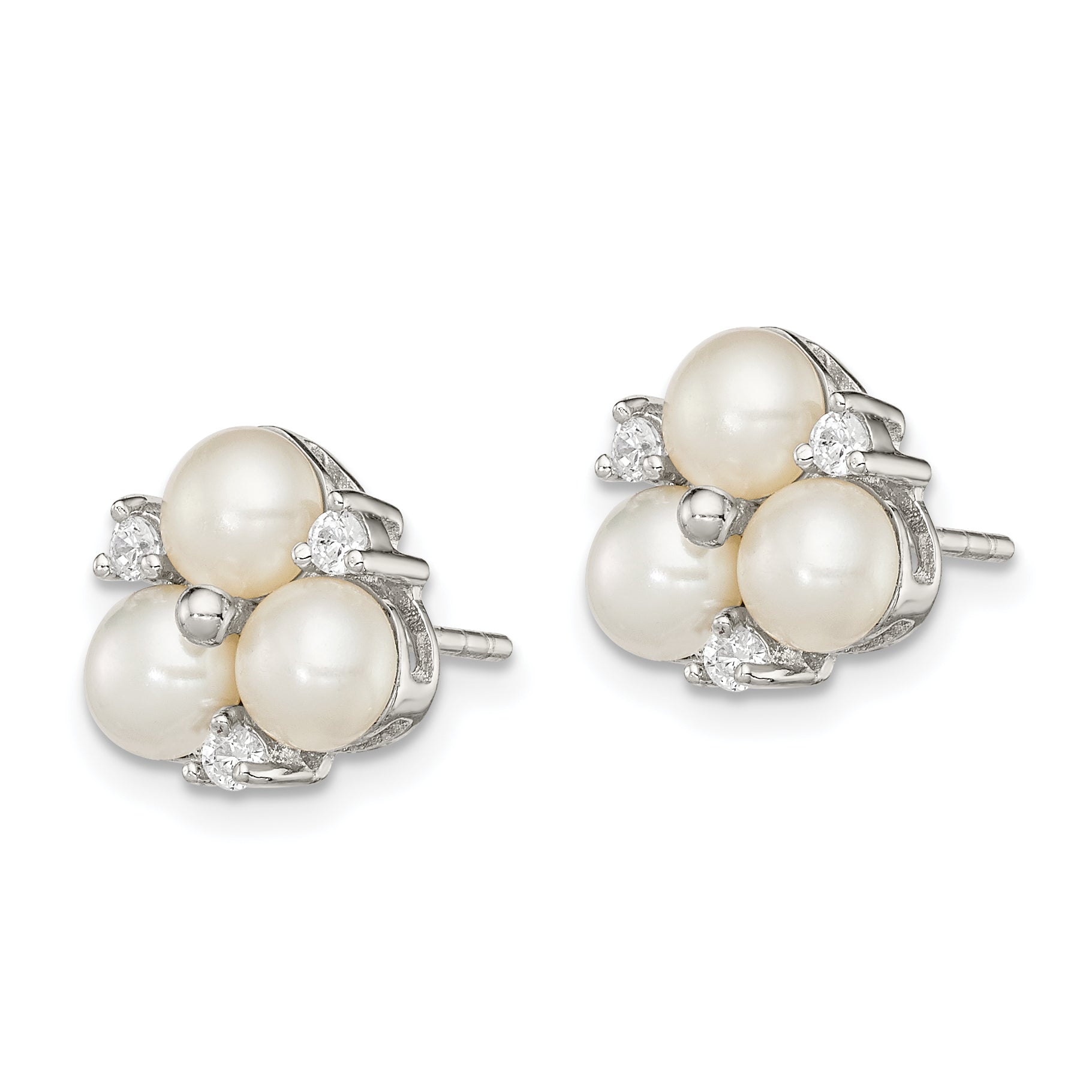 Sterling Silver Rhodium Plated Clear CZ and Three 5-6mm White Freshwater Cultured Pearl Cluster Post Earrings Secondary image