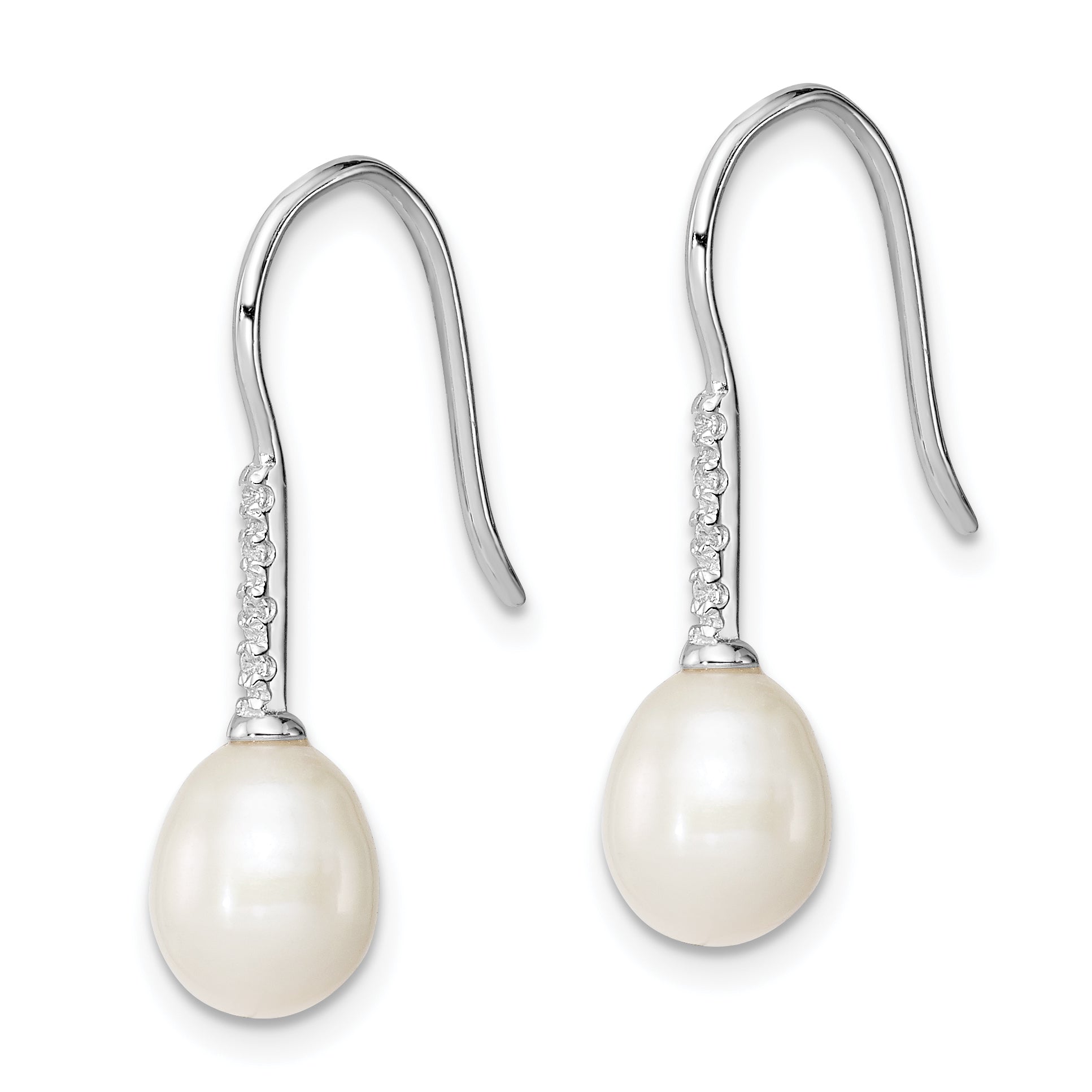 Sterling Silver Rhodium Plated Clear CZ and 7-8mm White Freshwater Cultured Pearl Dangle Earrings Secondary image