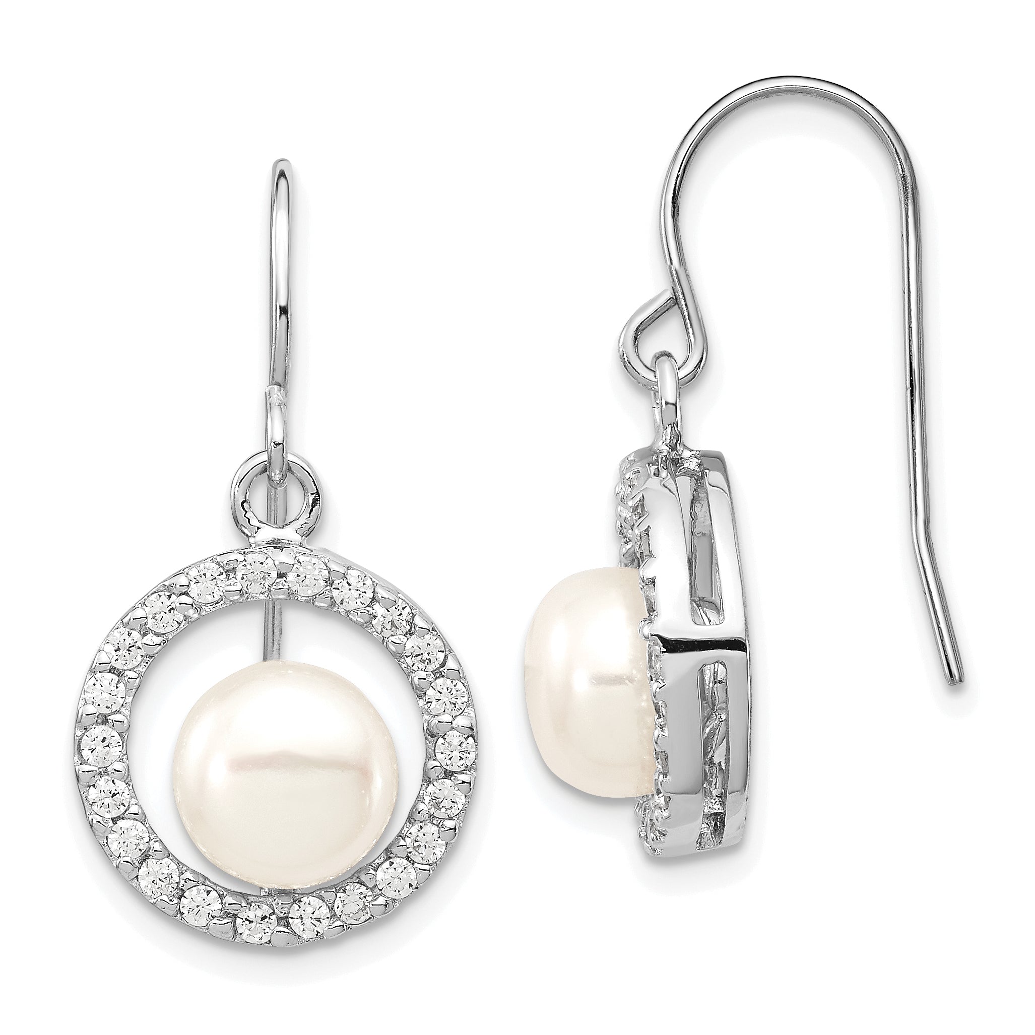 Sterling Silver Rhodium Plated Clear CZ Circle and 7-8mm White Freshwater Cultured Pearl Dangle Earrings Main image