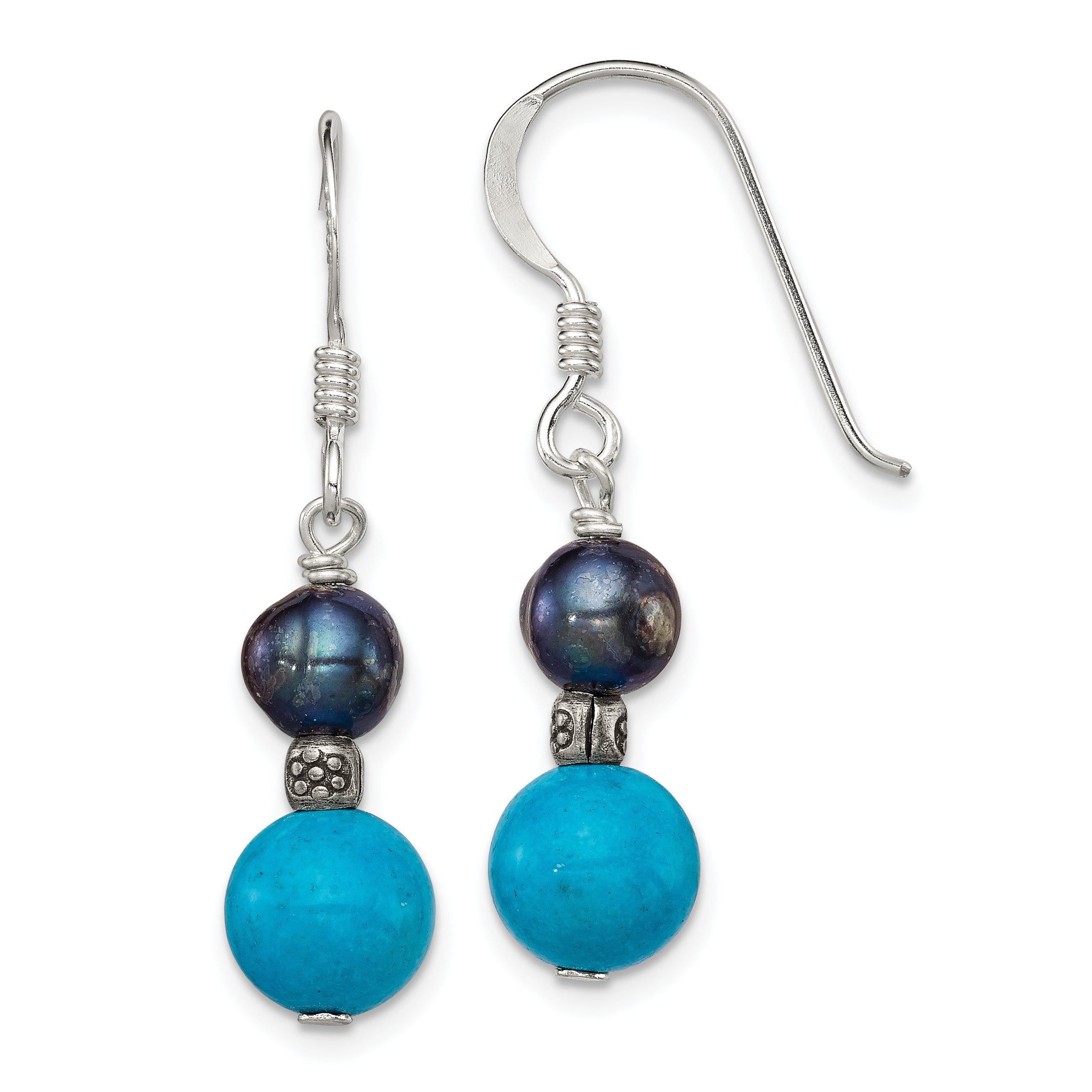 Sterling Silver Polished & Antiqued Black FWC Pearl & Turquoise w/ Flower Bead Dangle Earrings Main image