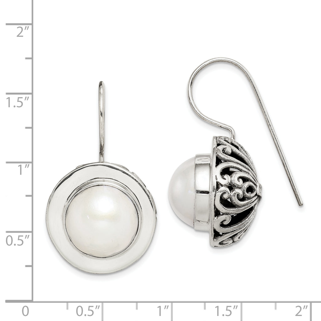 Sterling Silver Polished & Antiqued Fancy Filigree White 12-13mm Freshwater Cultured Mabe Pearl Dangle Earrings