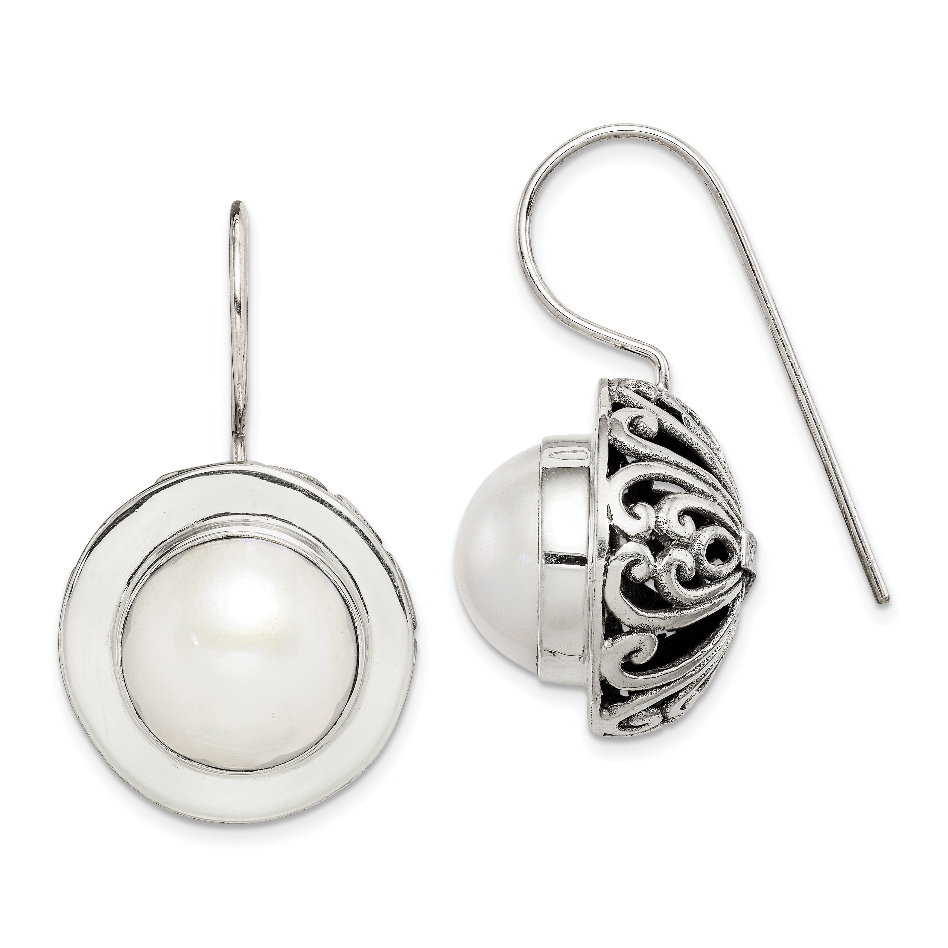 Sterling Silver Polished & Antiqued Fancy Filigree White 12-13mm Freshwater Cultured Mabe Pearl Dangle Earrings Main image