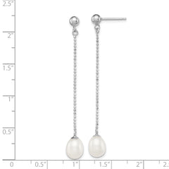 Sterling Silver Rhodium Plated 7-8mm White Freshwater Cultured Pearl Long Dangle Post Earrings