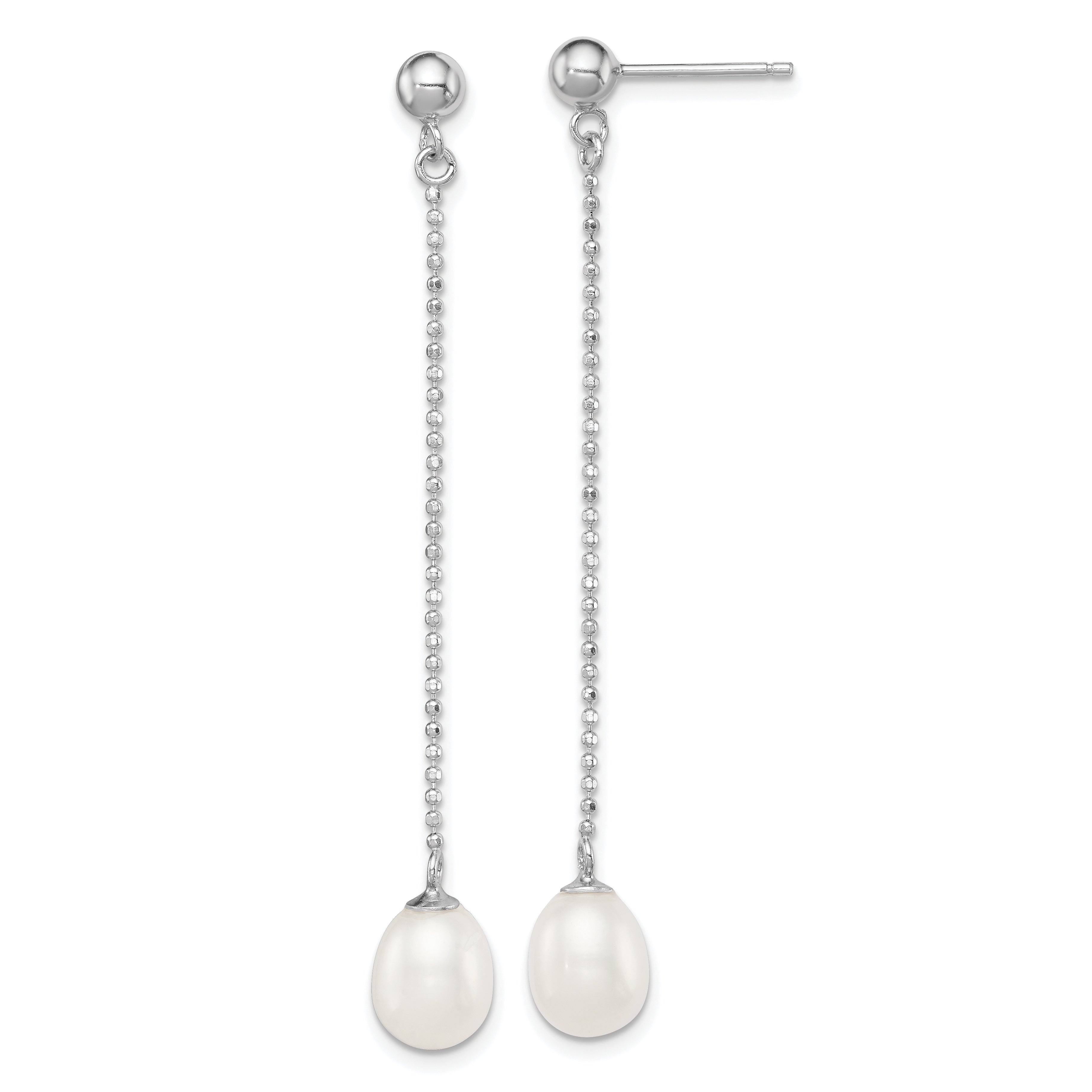 Sterling Silver Rhodium Plated 7-8mm White Freshwater Cultured Pearl Long Dangle Post Earrings Main image