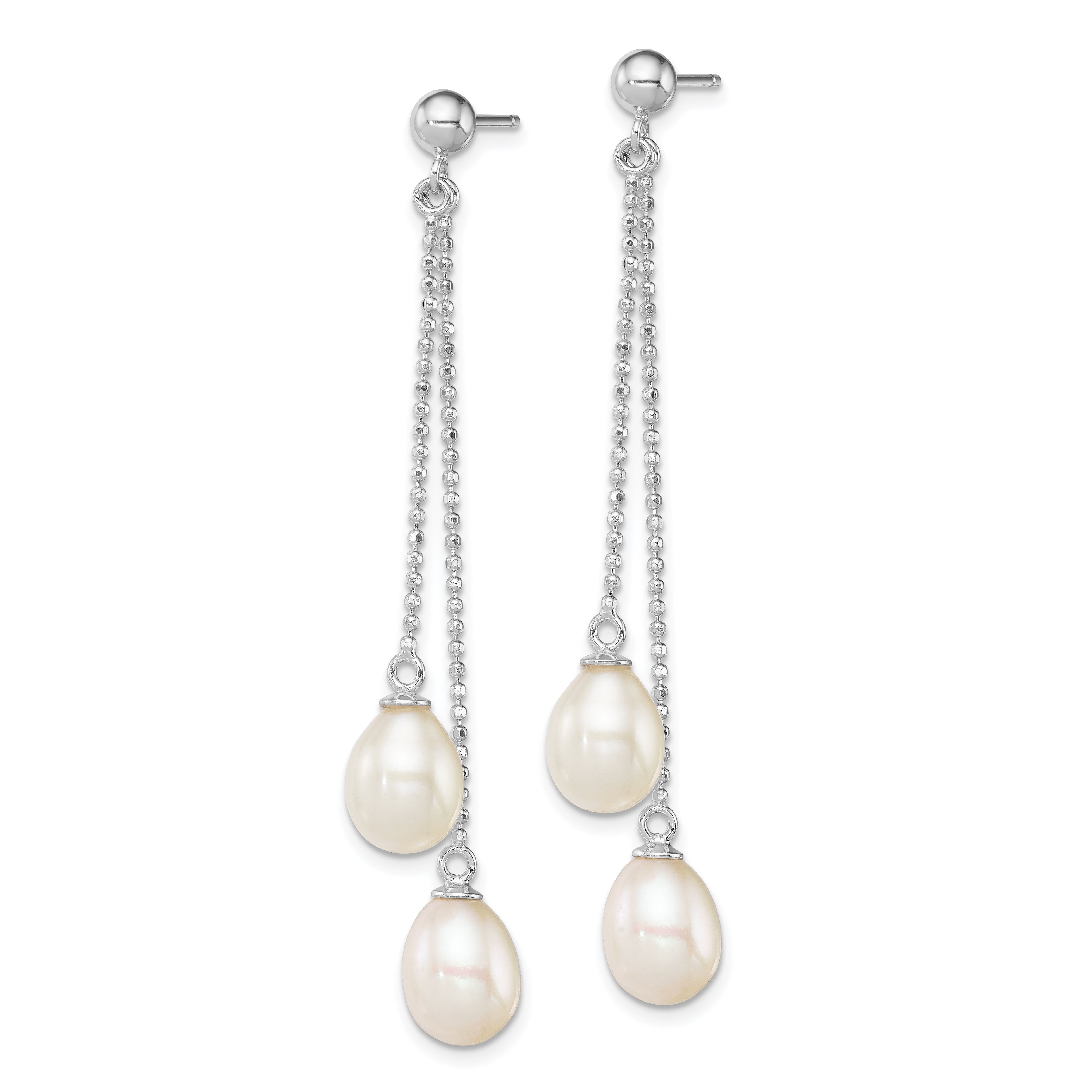 Sterling Silver Rhodium Plated 7-8mm White Freshwater Cultured Pearl Long Dangle Post Earrings Secondary image