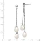 Sterling Silver Rhodium Plated 7-8mm White Freshwater Cultured Pearl Long Dangle Post Earrings