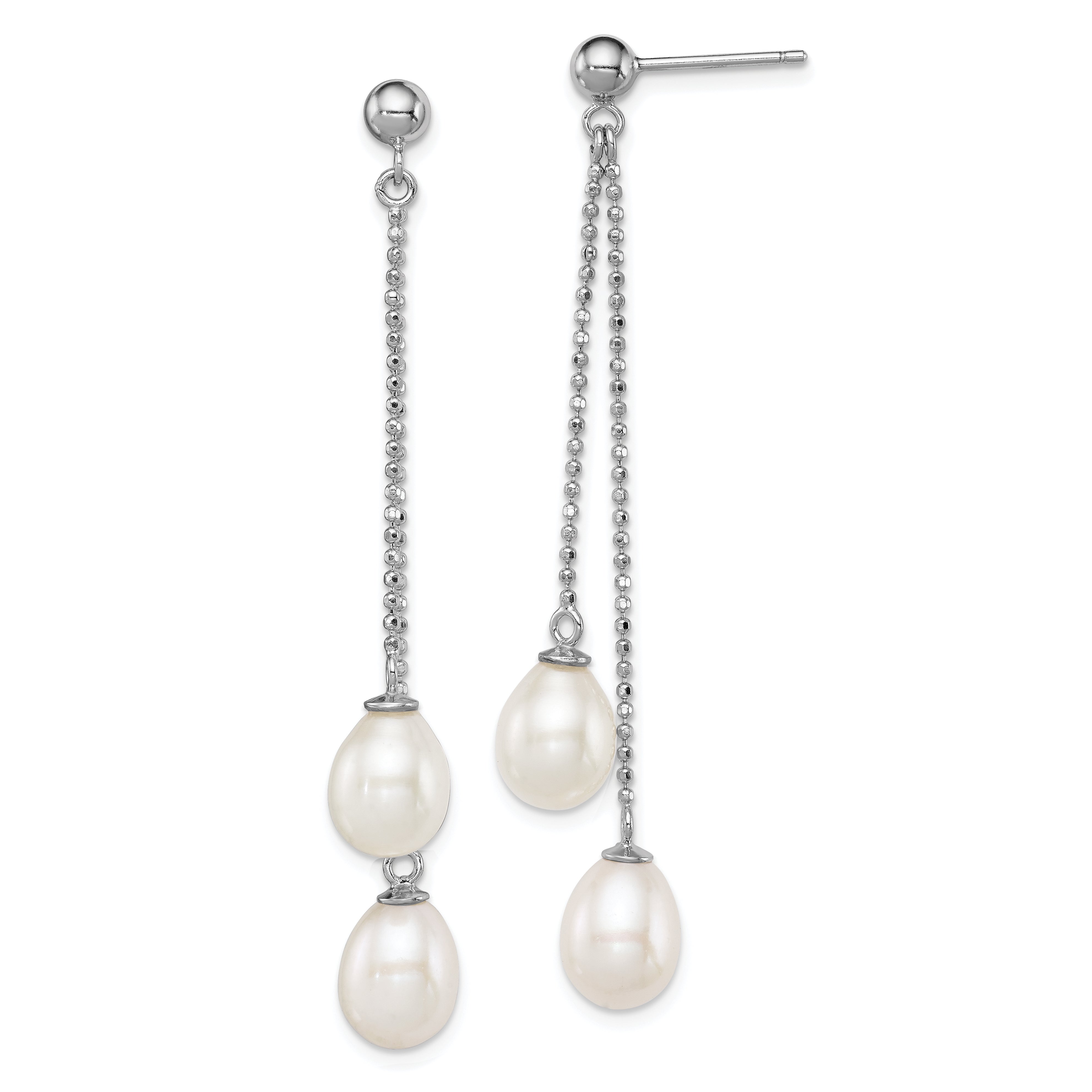 Sterling Silver Rhodium Plated 7-8mm White Freshwater Cultured Pearl Long Dangle Post Earrings Main image