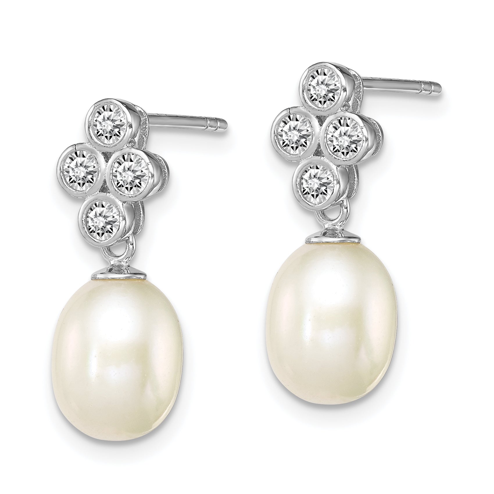 Sterling Silver Rhodium Plate Clear CZ and 7-8mm White Freshwater Cultured Pearl Dangle Post Earrings Secondary image
