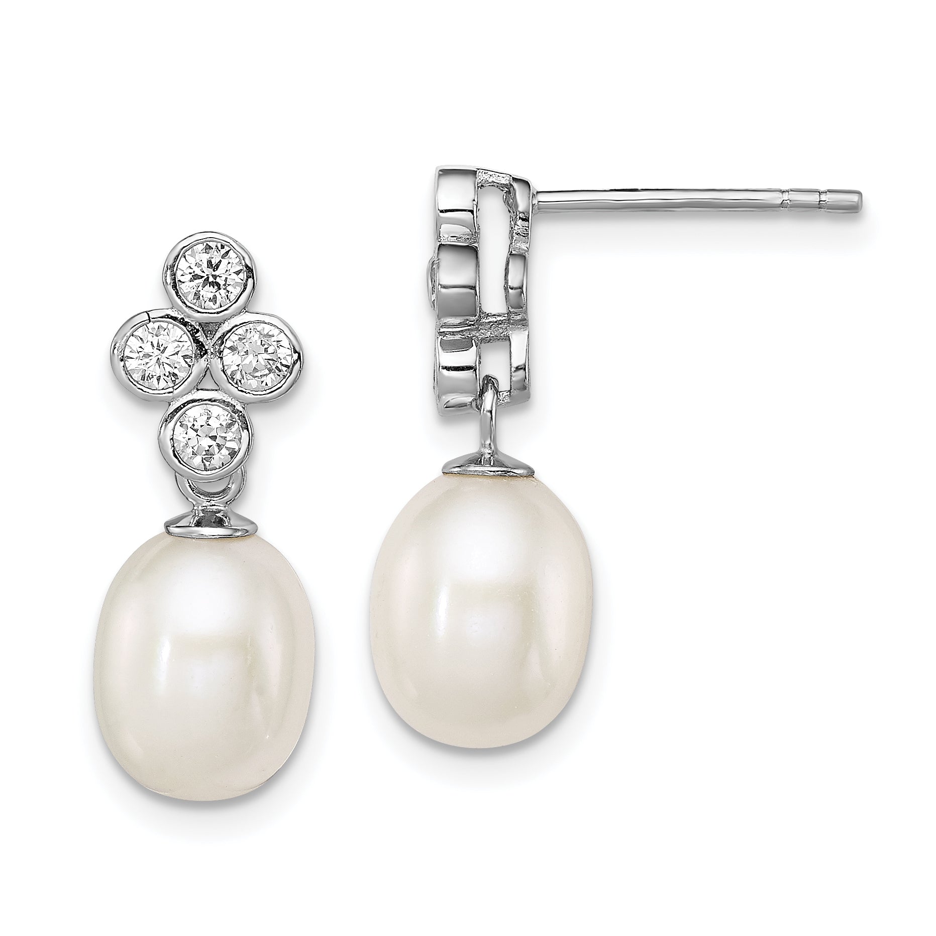 Sterling Silver Rhodium Plate Clear CZ and 7-8mm White Freshwater Cultured Pearl Dangle Post Earrings Main image