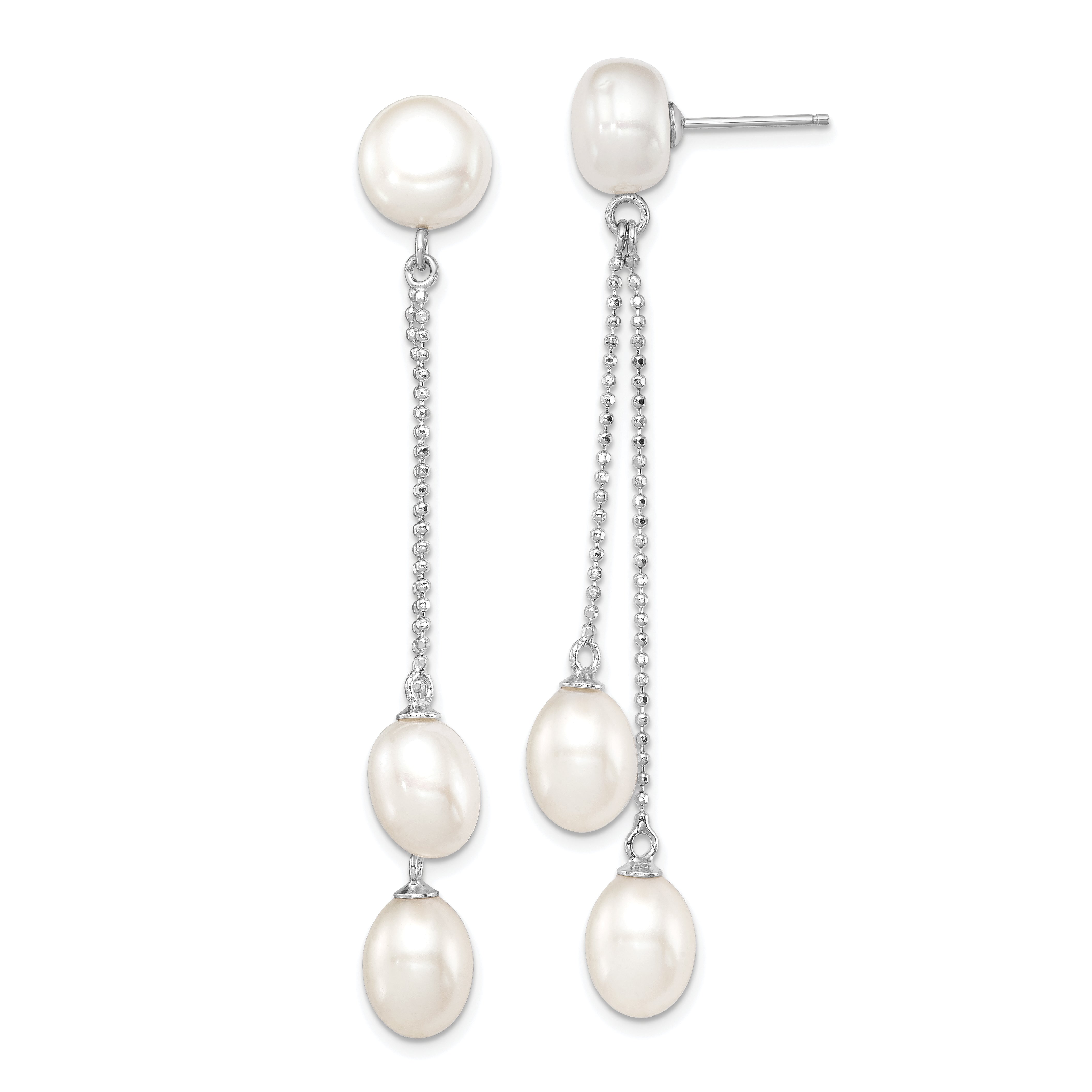 Sterling Silver Rhodium Plated Three 6-9mm White Freshwater Cultured Pearl Dangle Post Earrings Main image