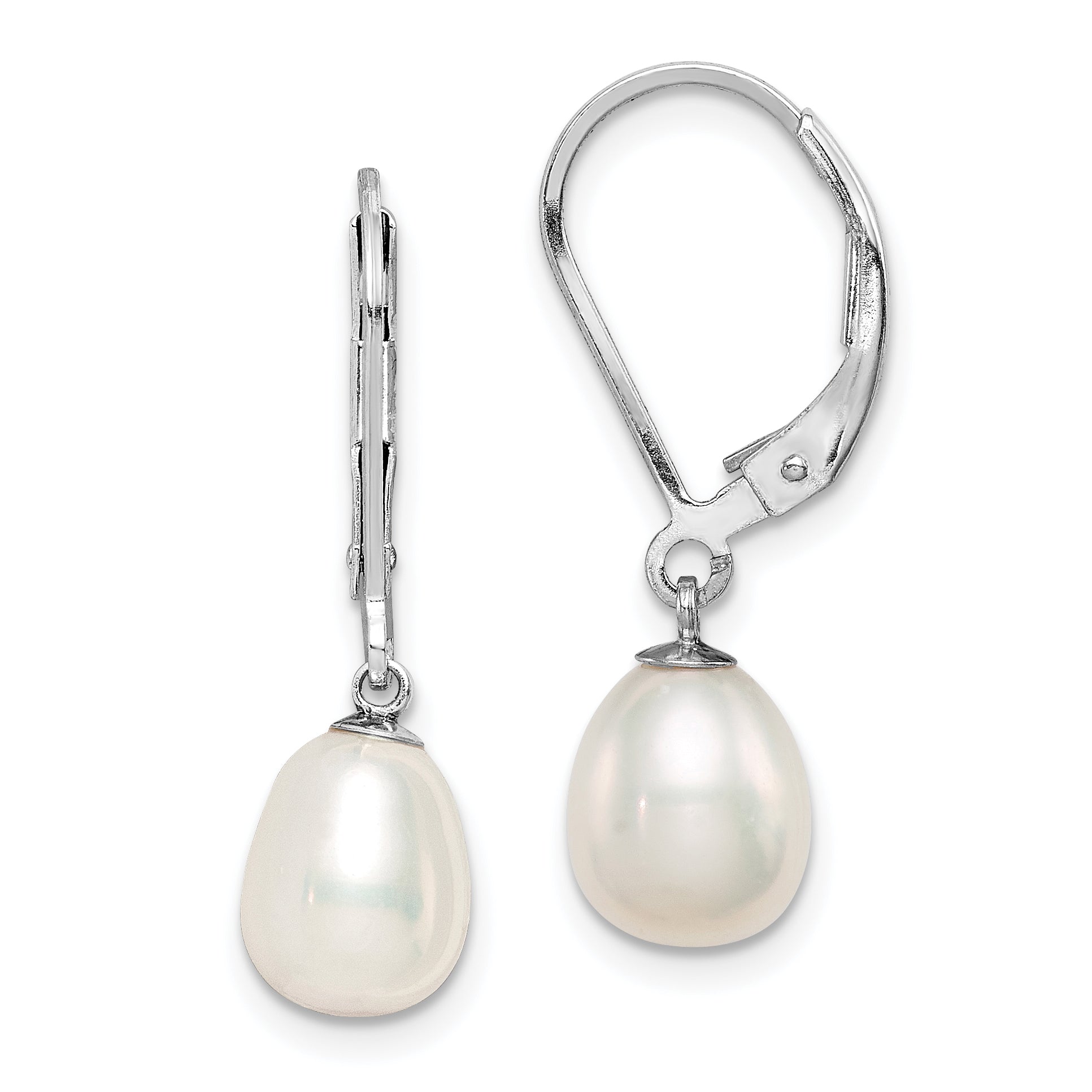 Sterling Silver Rhodium-plated Polished White 7-8mm Freshwater Cultured Pearl Leverback Dangle Earrings Main image