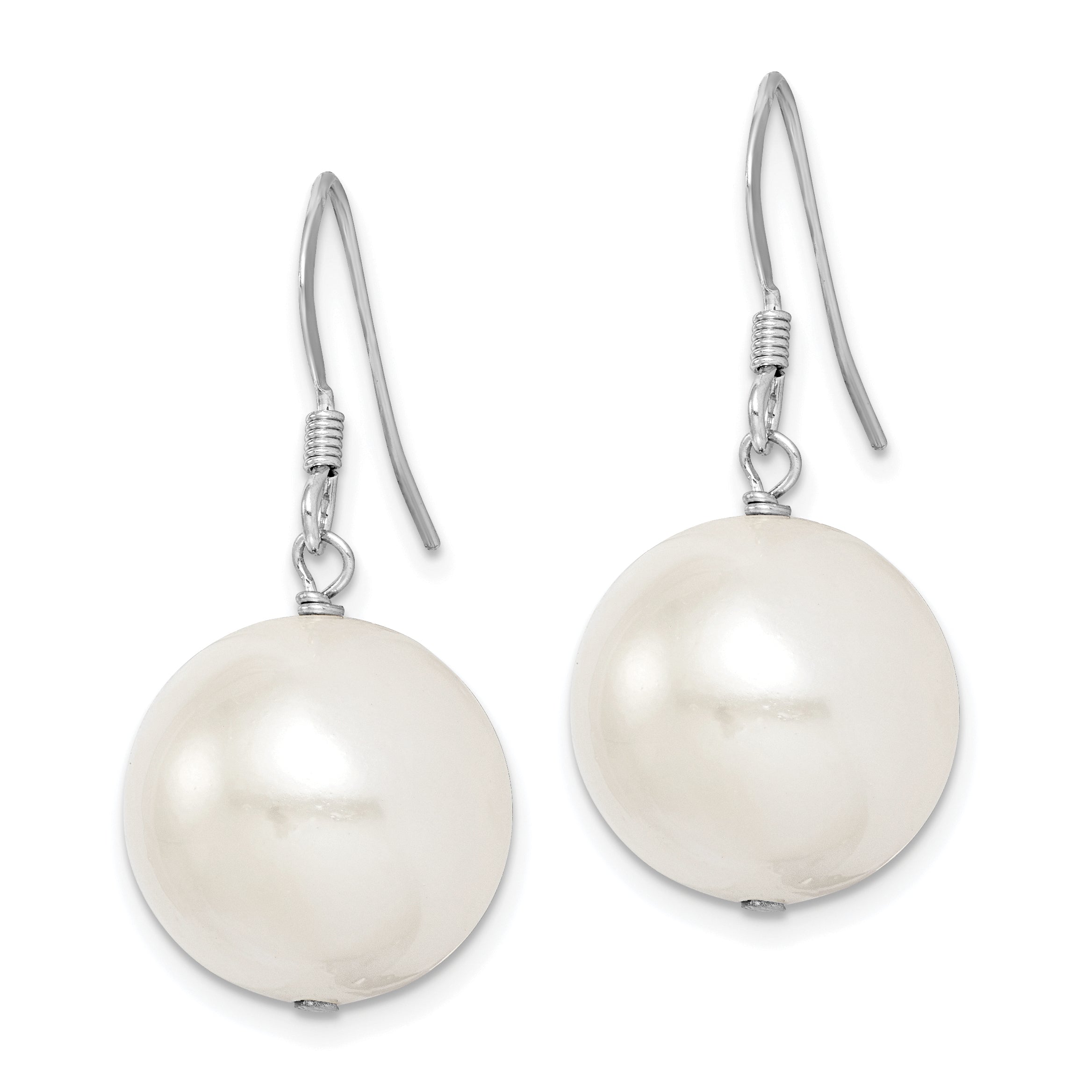 Sterling Silver Rhodium-plated Polished White 14-15mm Round Shell Pearl Dangle Earrings Secondary image