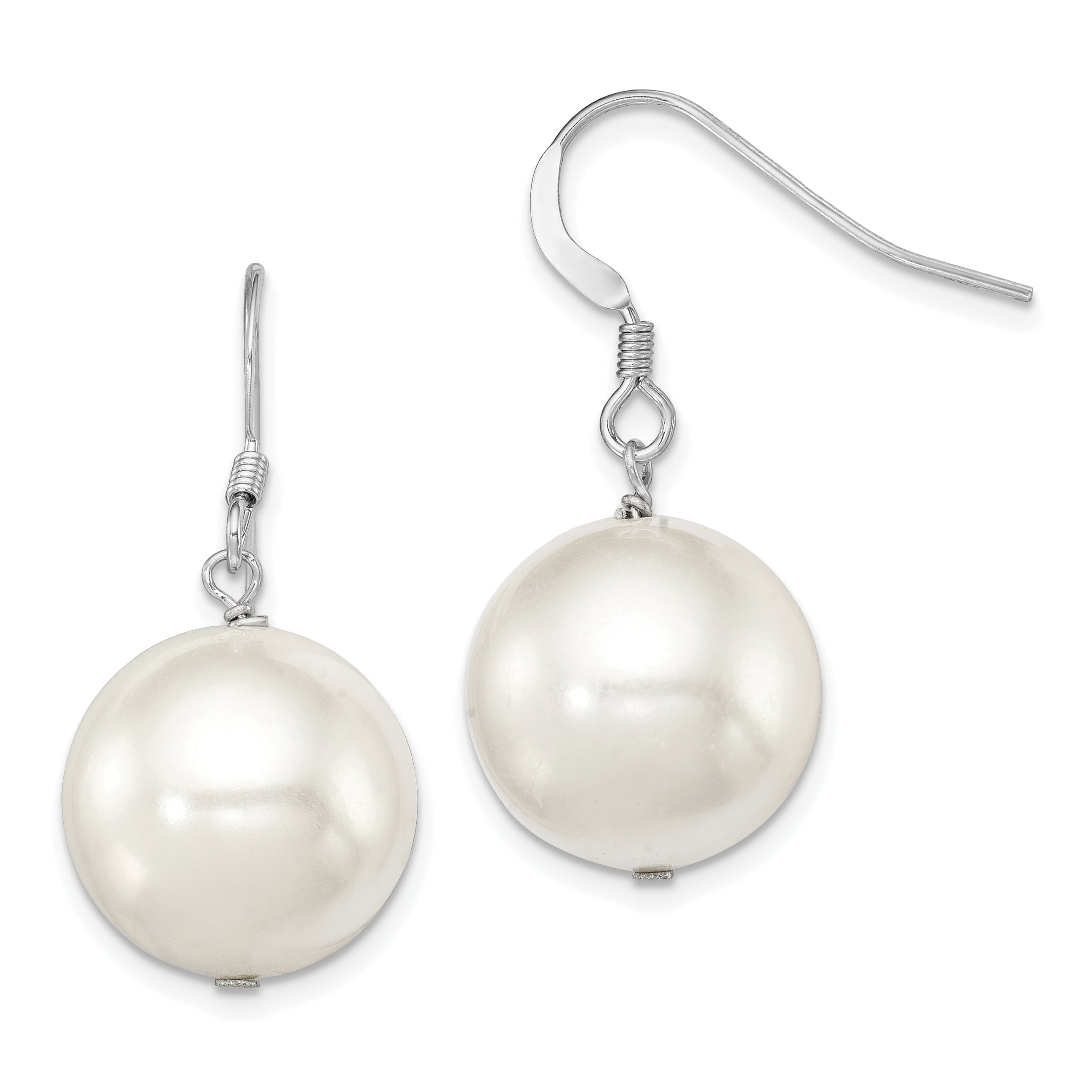 Sterling Silver Rhodium-plated Polished White 14-15mm Round Shell Pearl Dangle Earrings Main image
