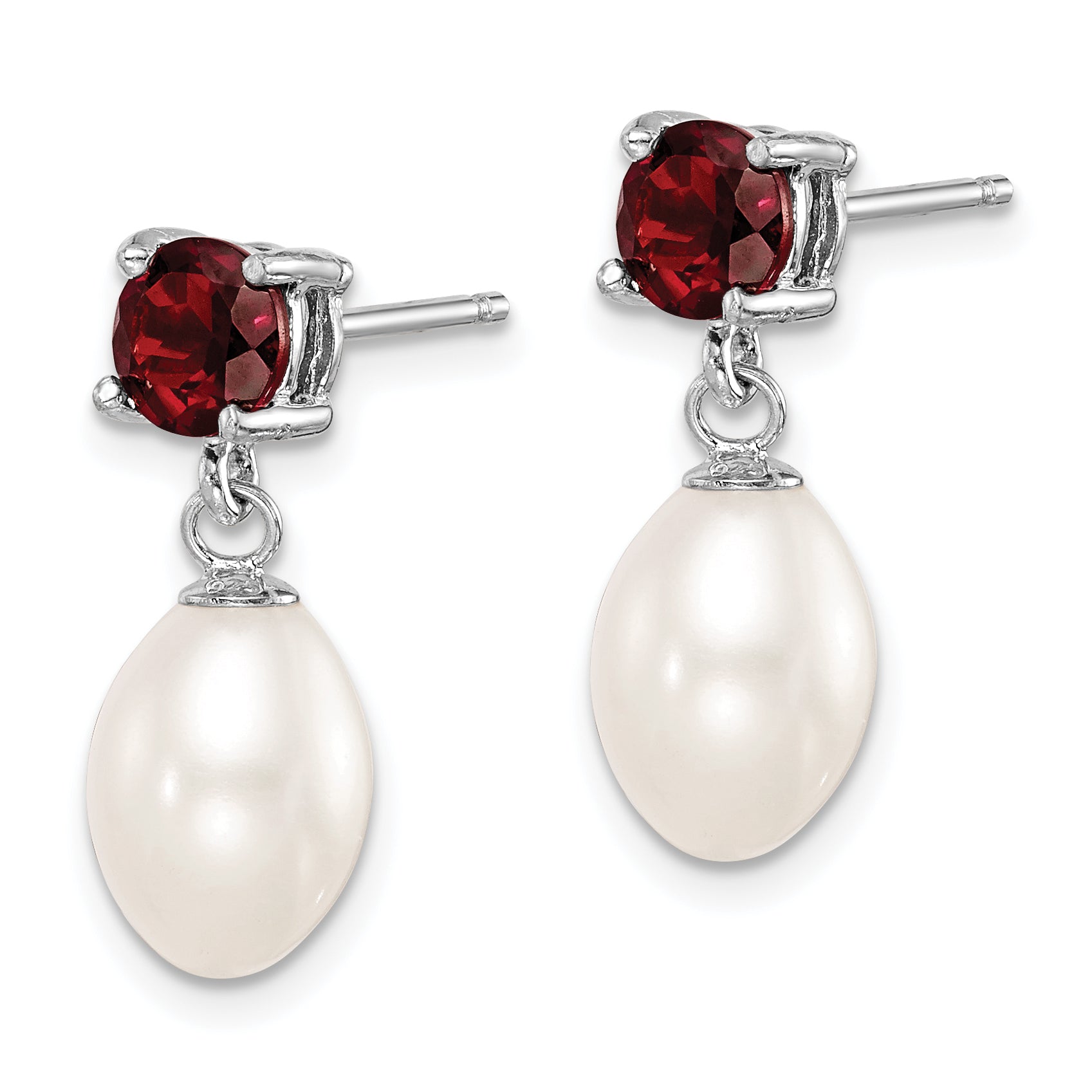 Sterling Silver Rhodium Plated Garnet and 7-8mm Freshwater Cultured Pearl Teardrop Dangle Post Earrings Secondary image