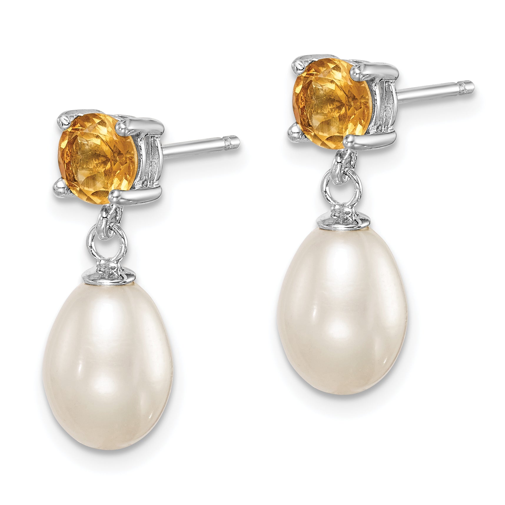 Sterling Silver Rhodium Plated Citrine and 7-8mm Freshwater Cultured Pearl Teardrop Dangle Post Earrings Secondary image